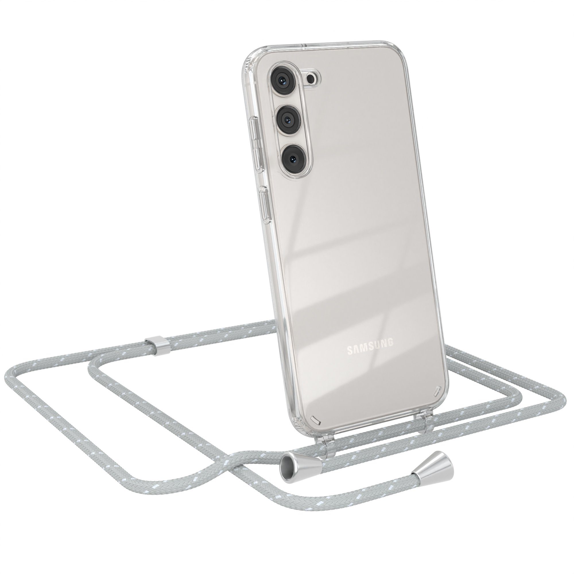 EAZY CASE Handykette Hülle mit Kette für Samsung Galaxy S23 Plus 6,6 Zoll, Umhängeband mit Backcover Etui Schutzhülle Hülle Case Hellgrau Weiß