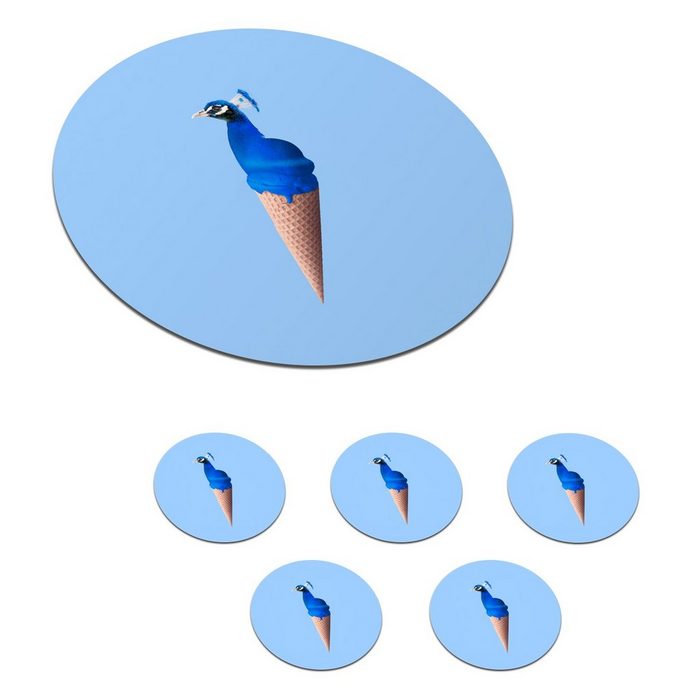 MuchoWow Glasuntersetzer Pfau - Eistüten - Eiscreme - Blau - Vogel Zubehör für Gläser 6-tlg. Getränkeuntersetzer Tassenuntersetzer Korkuntersetzer Tasse Becher