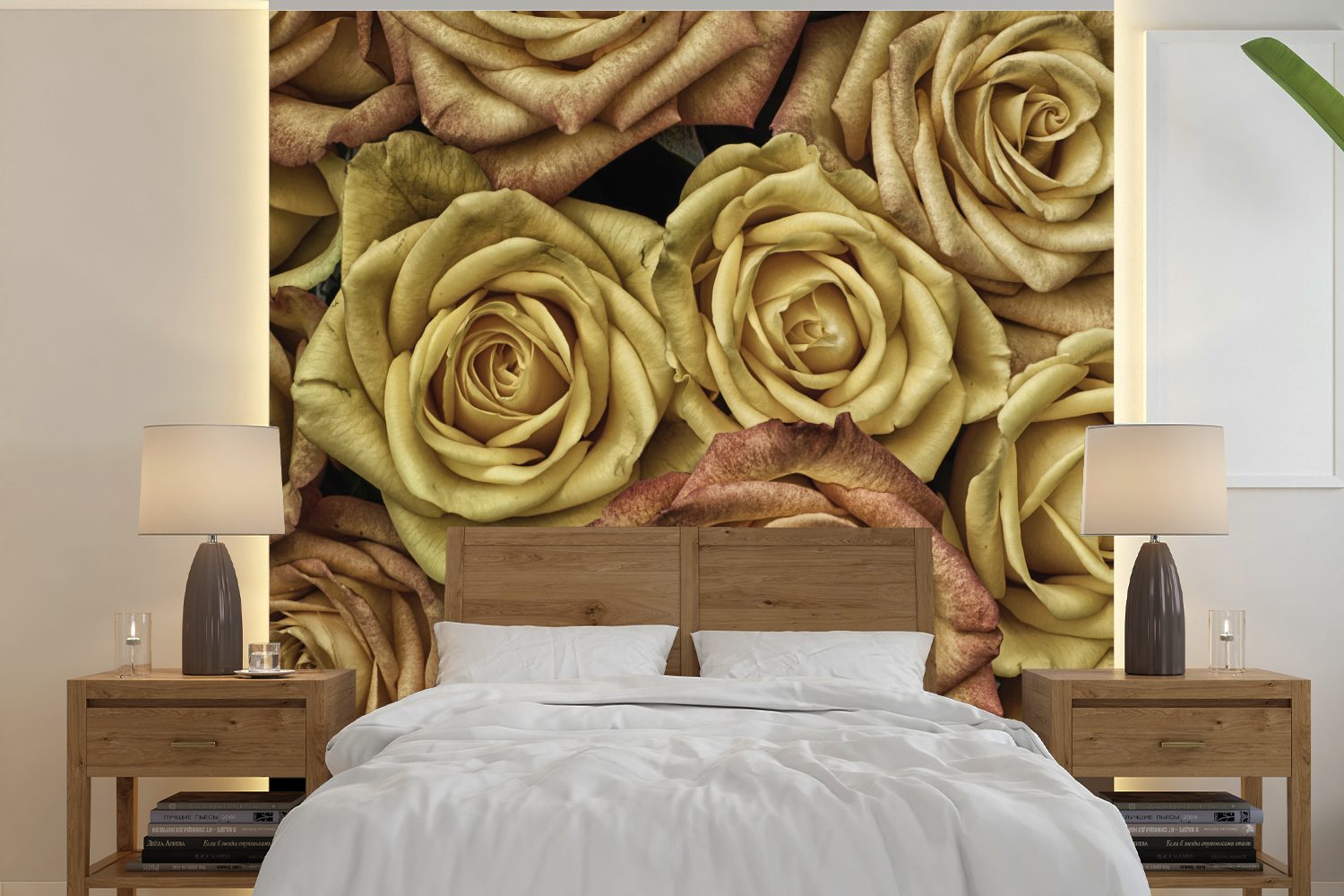 MuchoWow Fototapete Rosen - Gold - Blumenstrauß, Matt, bedruckt, (5 St), Vinyl Tapete für Wohnzimmer oder Schlafzimmer, Wandtapete