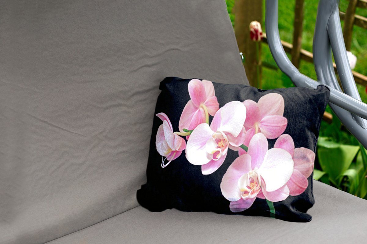 MuchoWow einem Eine Dekokissenbezug, auf schwarzen rosa Hintergrund, Kissenhülle Nahaufnahme Orchideen Polyester, von Outdoor-Dekorationskissen, Dekokissen