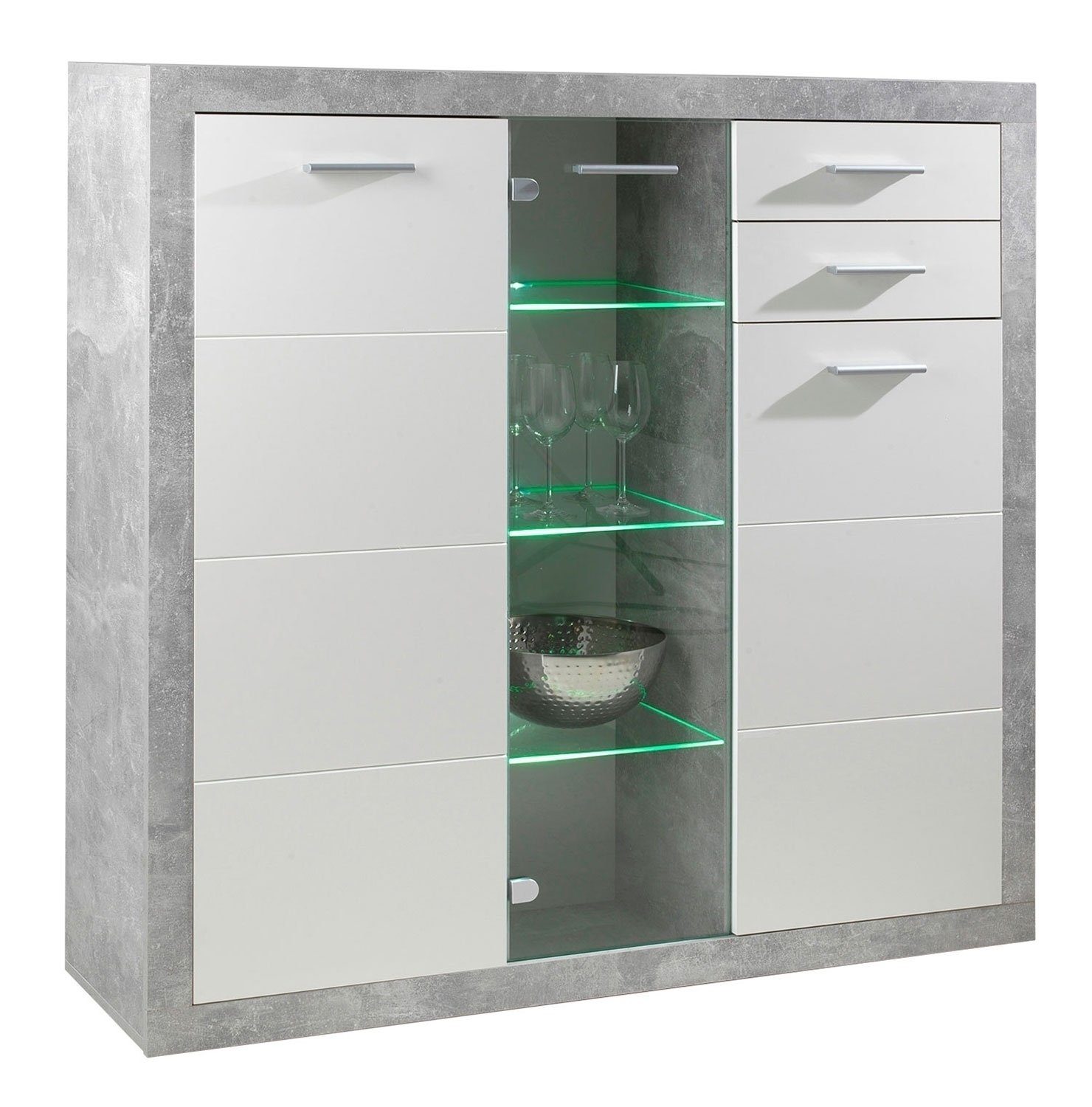 Highboard STONE, Betondekor, Weiß Hochglanz, 3 Türen, 2 Schubladen