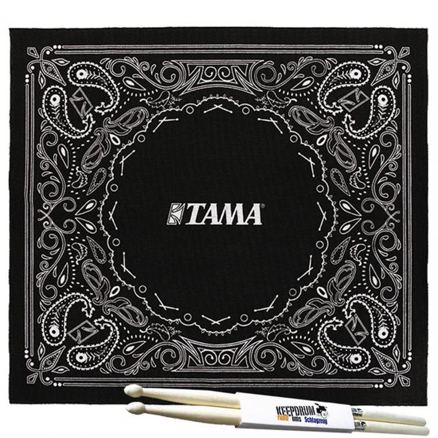 Tama Schlagzeug Tama TDR-PA Schlagzeug Teppich Paisley Schwarz mit Schlagzeugstöcken,Schlagzeug Teppich, Paisley Schwarz, mit keepdrum Schlagzeugstöcken