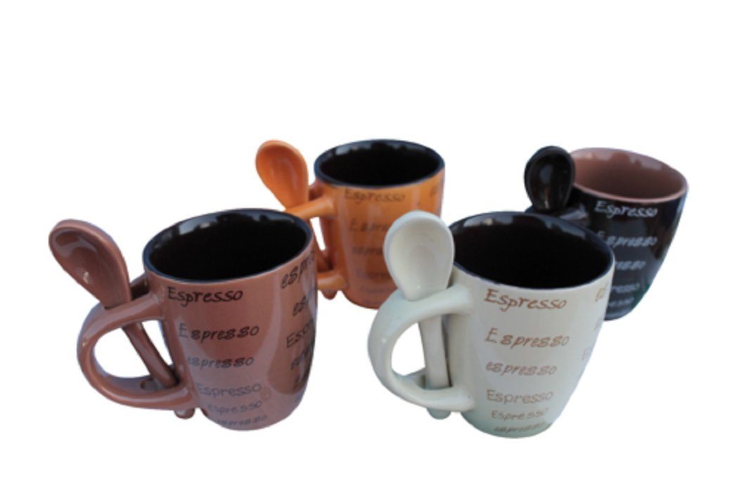 Wurm Tasse Espressotassen Löffel Set Keramik creme braun mokka orange 8 tlg