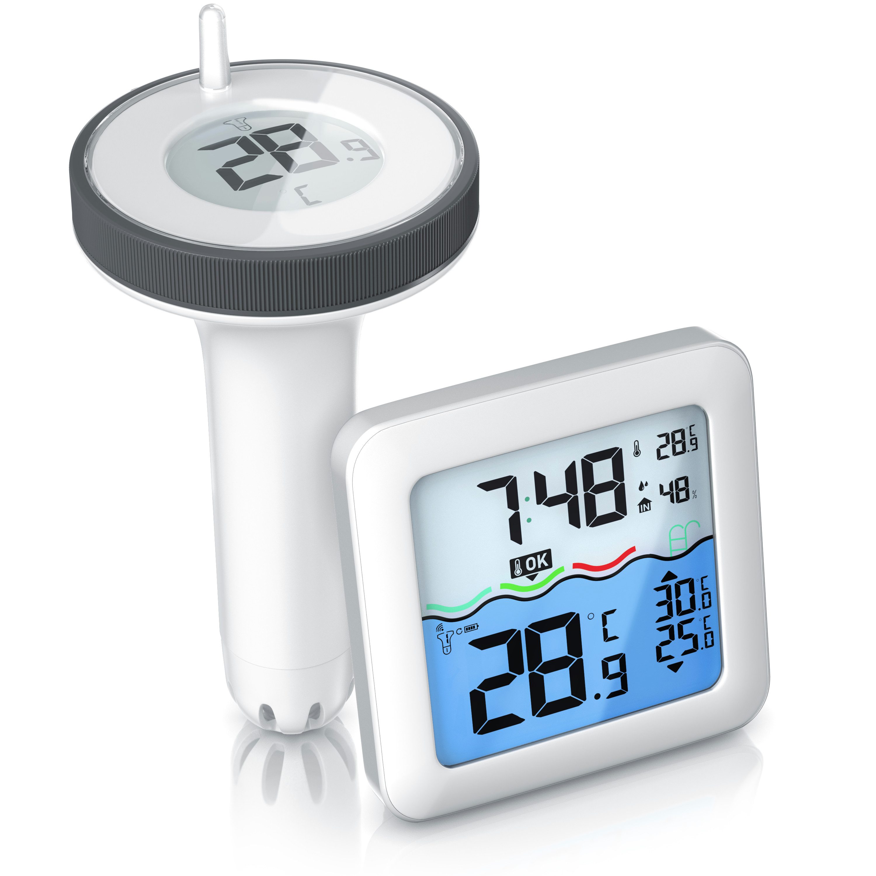 Schwimmthermometer Poolthermometer mit Schwimmer, Funkuhr, Raum- und Luftfeuchte