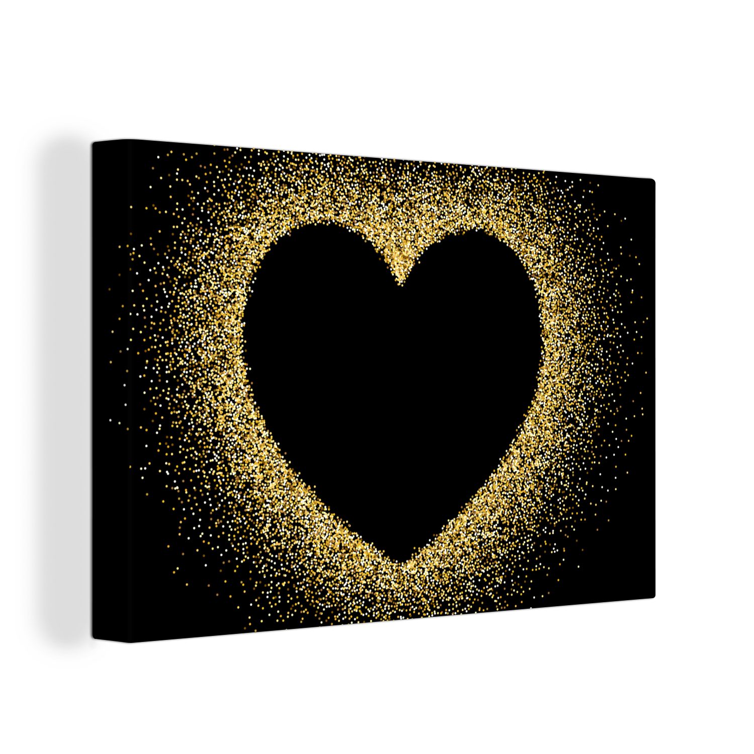 OneMillionCanvasses® Leinwandbild Goldenes Herz auf schwarzem Hintergrund, (1 St), Wandbild für alle Wohnbereiche, Gemälde, XXL, großes, 120x80 cm