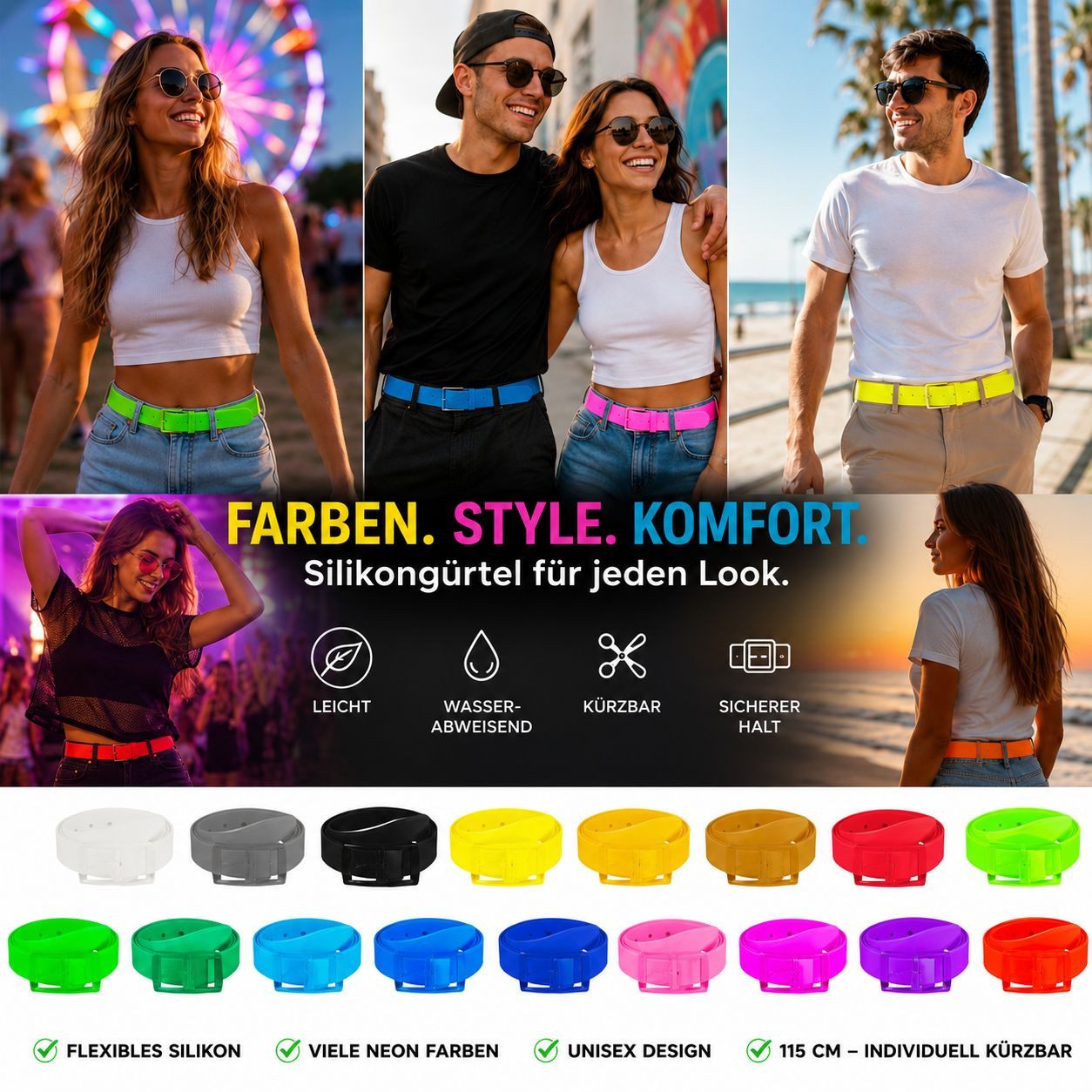 Taffstyle Hüftgürtel Silikongürtel Neon Unisex Gürtel Freizeitgürtel Kürzbar 115 cm (Flexibler Silikongürtel in vielen Farben mit Kunststoffschnalle)
