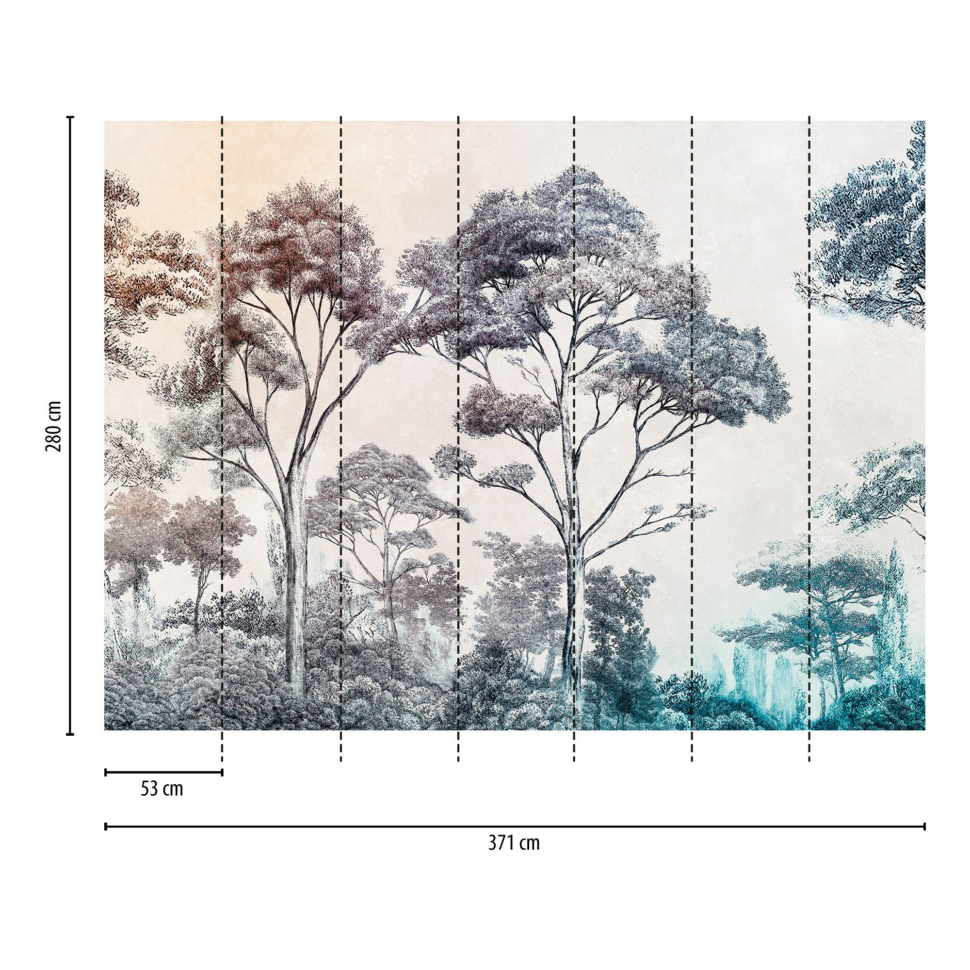 living walls Fototapete THE WALL III Tapete mit Bäumen Motivtapete Urwald Dschungeloptik, glatt, matt, (1 St), Vliestapete Zeichnung für Schlafzimmer Küche Wohnzimmer Bäume Design