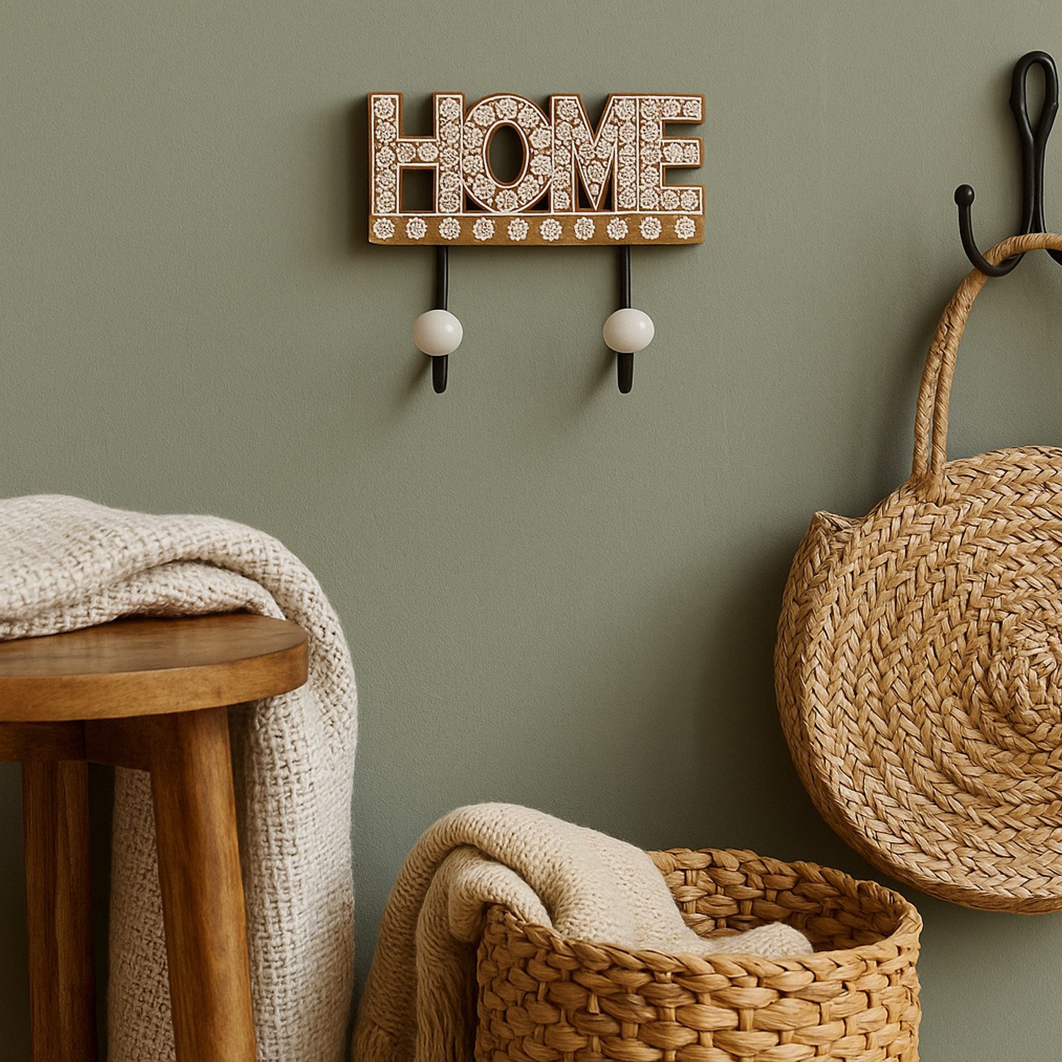 Marrakesch Orient & Mediterran Interior Kleiderhaken Wandhaken HOME aus Holz & Keramikknöpfen, Flur Deko Hakenleiste 18cm, (1-St), ohne Boren