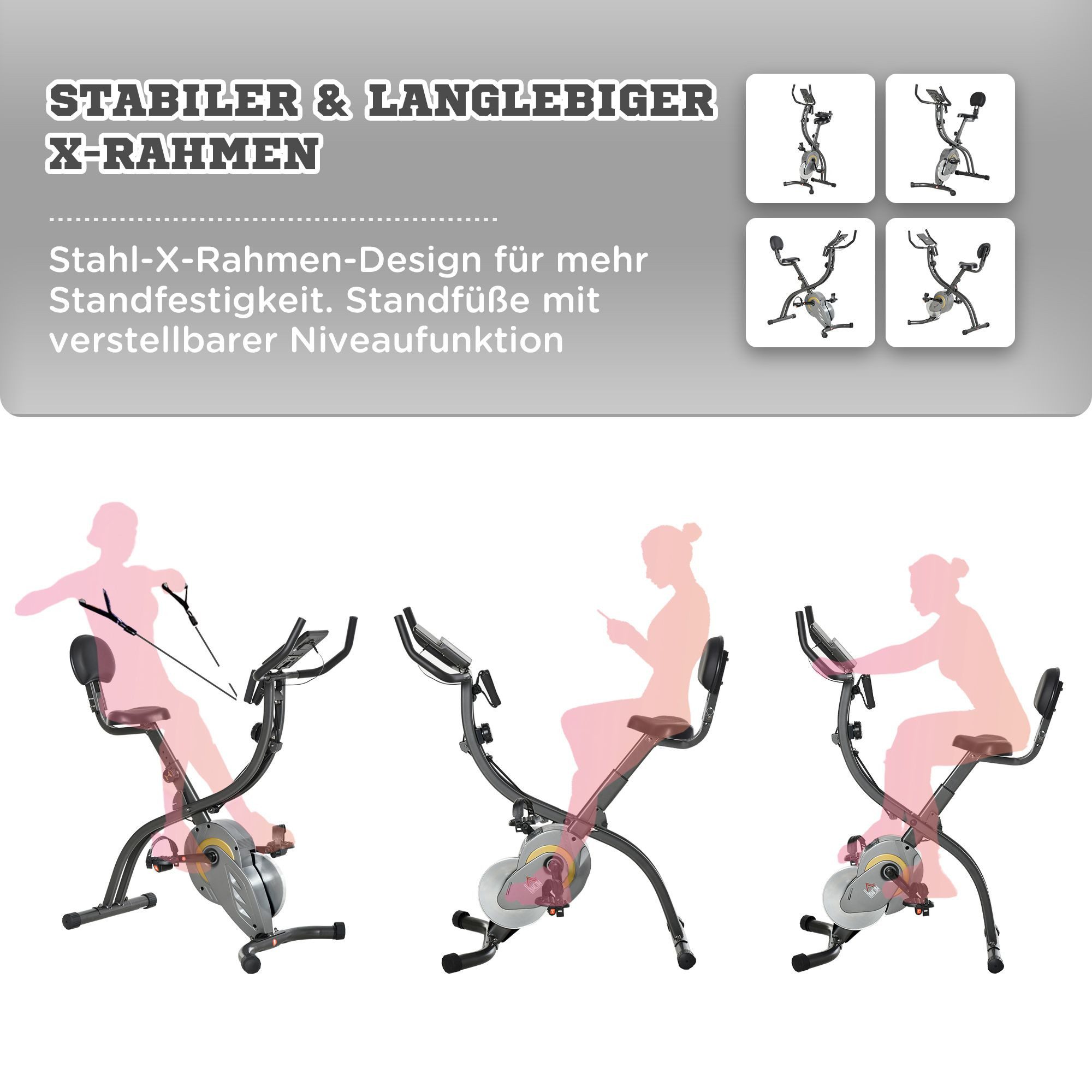 HOMCOM Heimtrainer X-Bike, 2-in-1 Trimmrad, Stahl, Schwarz+Grau, 51 x 97 x 115 cm (Schwungrad, 1-tlg., Fahrradtrainer), für Wohnbereich, Schwarz+Grau