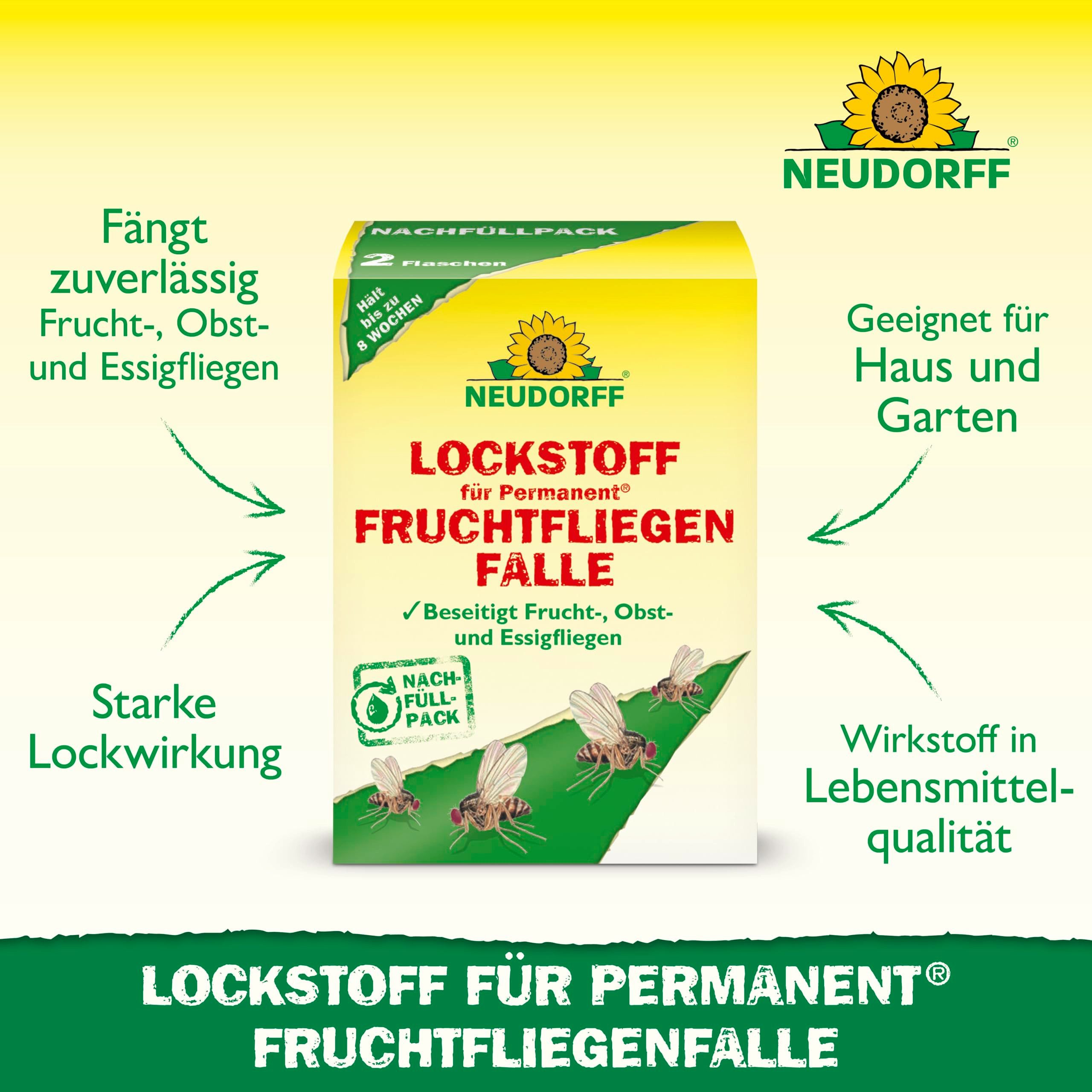 Neudorff Insektenfalle Permanent Lockstoff für FruchtfliegenFalle 60 ml, Nachfüllset mit Lockstoff für Permanent FruchtfliegenFalle