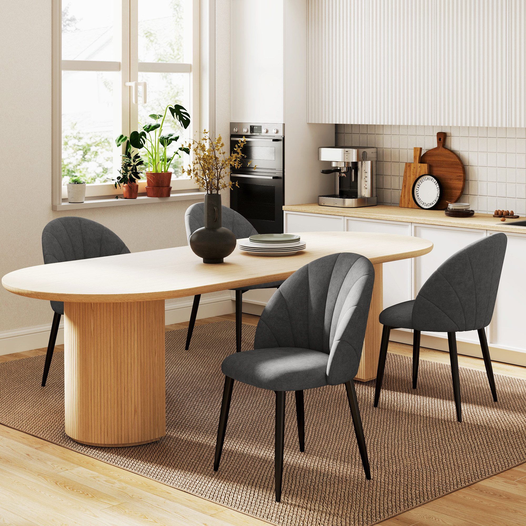 HOMCOM Esszimmerstuhl Moderner Polsterstuhl mit Stahlbeine, ergonomischer Rückenlehne (Küchenstühle in Leinenoptik, 4 St), Dunkelgrau