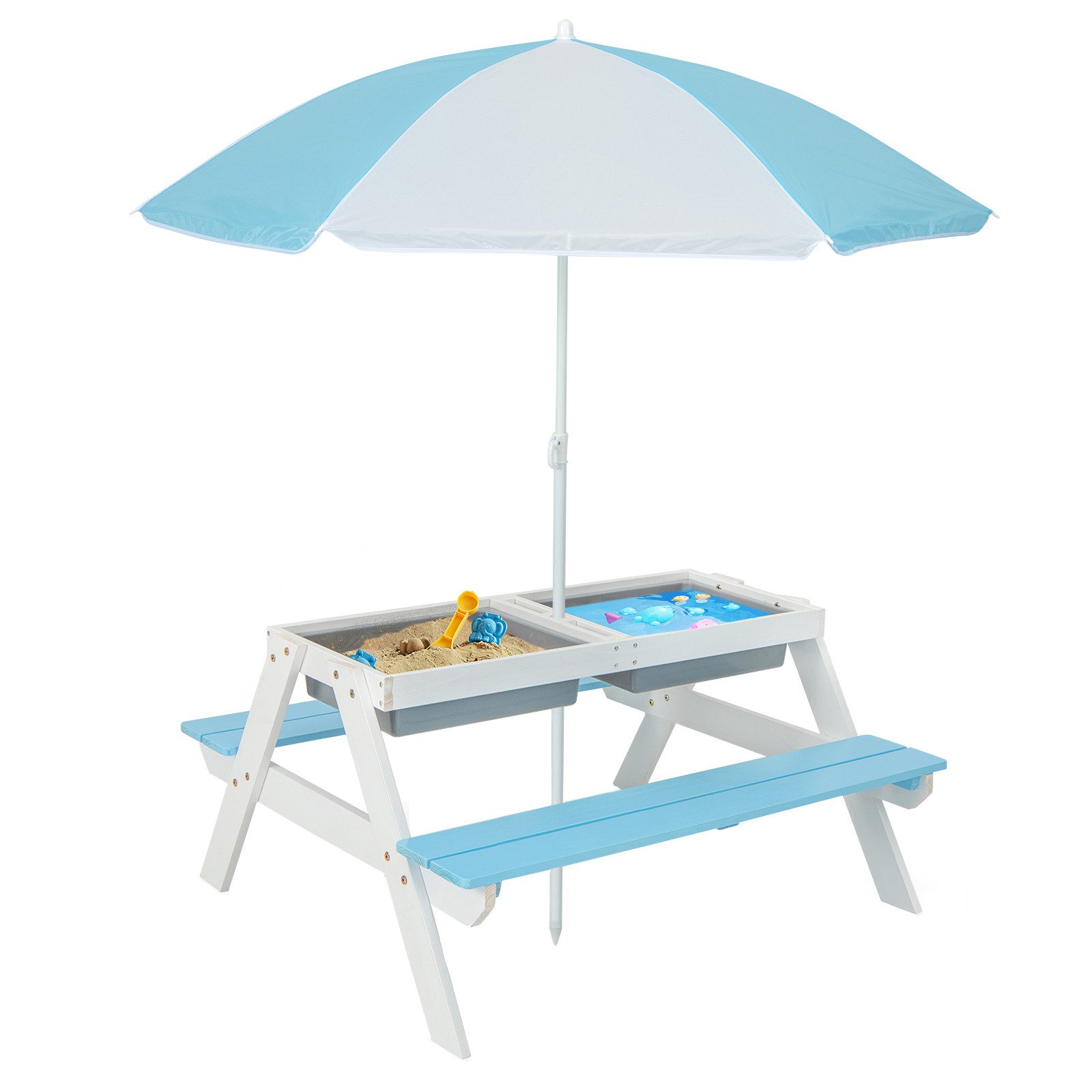 KOMFOTTEU Kindersitzgruppe mit Sonnenschirm, aus Holz für Garten und Terrasse