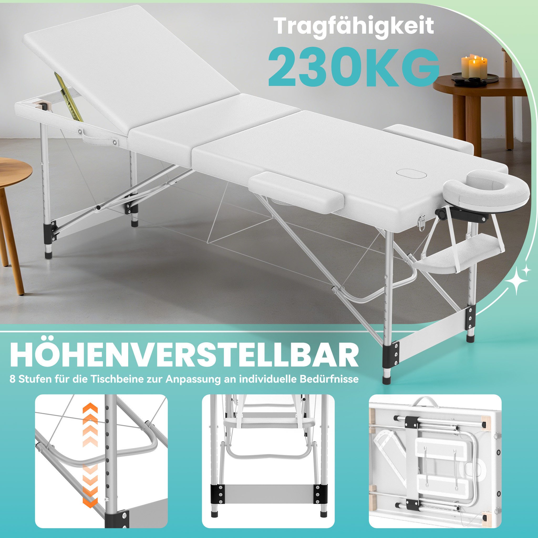 FIVMEN Massageliege Massagetisch Höhenverstellbar Mobile 3 Zonen Massagebett, inkl. Zubehör, Alu-Kopfstütze, Armlehne und Tragetasche, 212x80cm