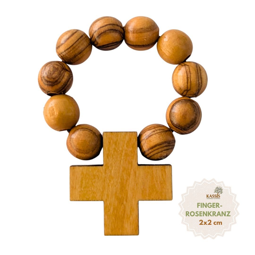 Kassis Geschenkartikel Fingerring Olivenholz Fingerrosenkranz mit Kreuz aus Bethlehem Talisman, Handgefertigt in Bethlehem, Geschenk zu Kommunion Taufe Firmung
