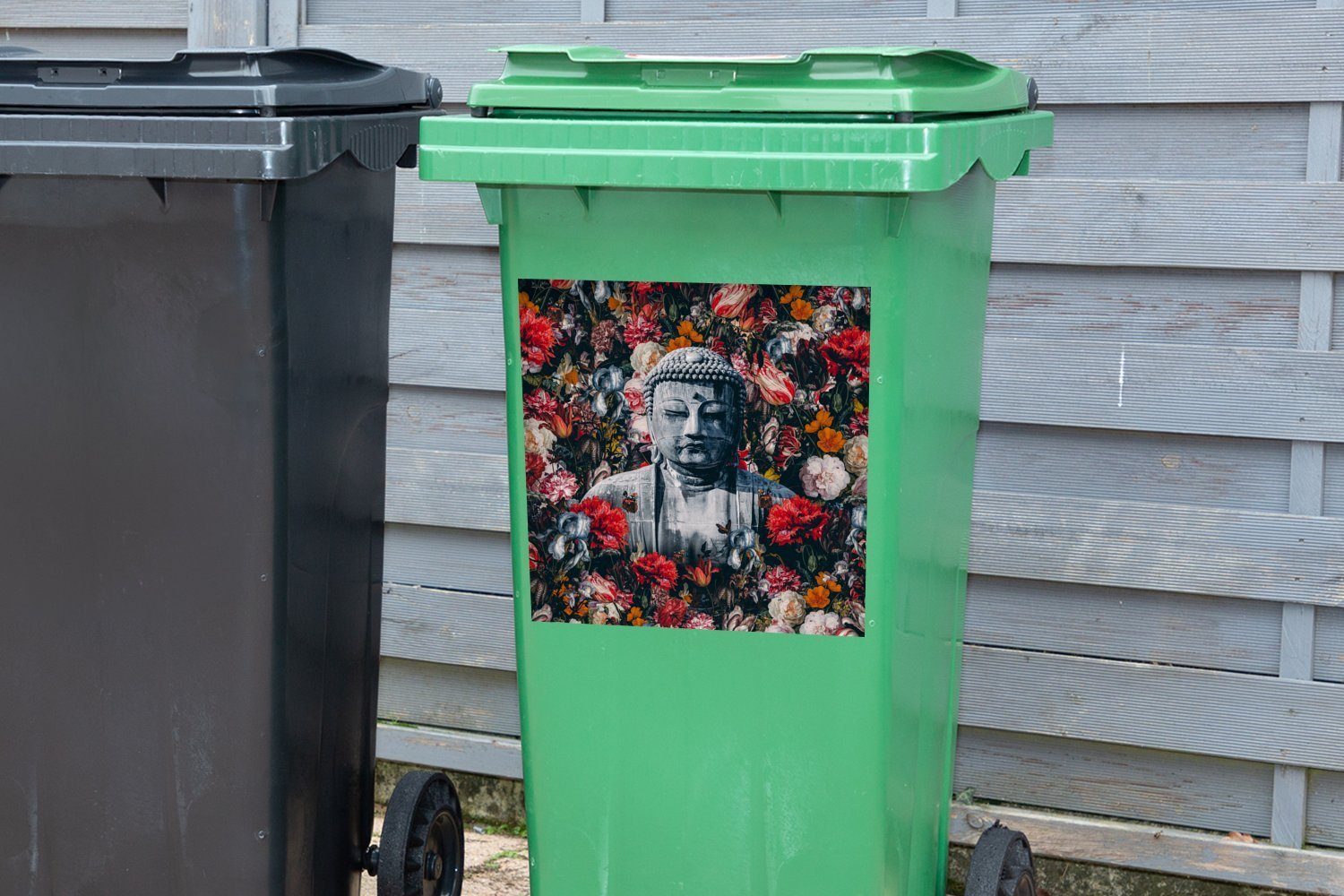 MuchoWow St), Rot Buddha Mülleimer-aufkleber, Wandsticker Sticker, - Abfalbehälter Blumen - Mülltonne, Container, (1