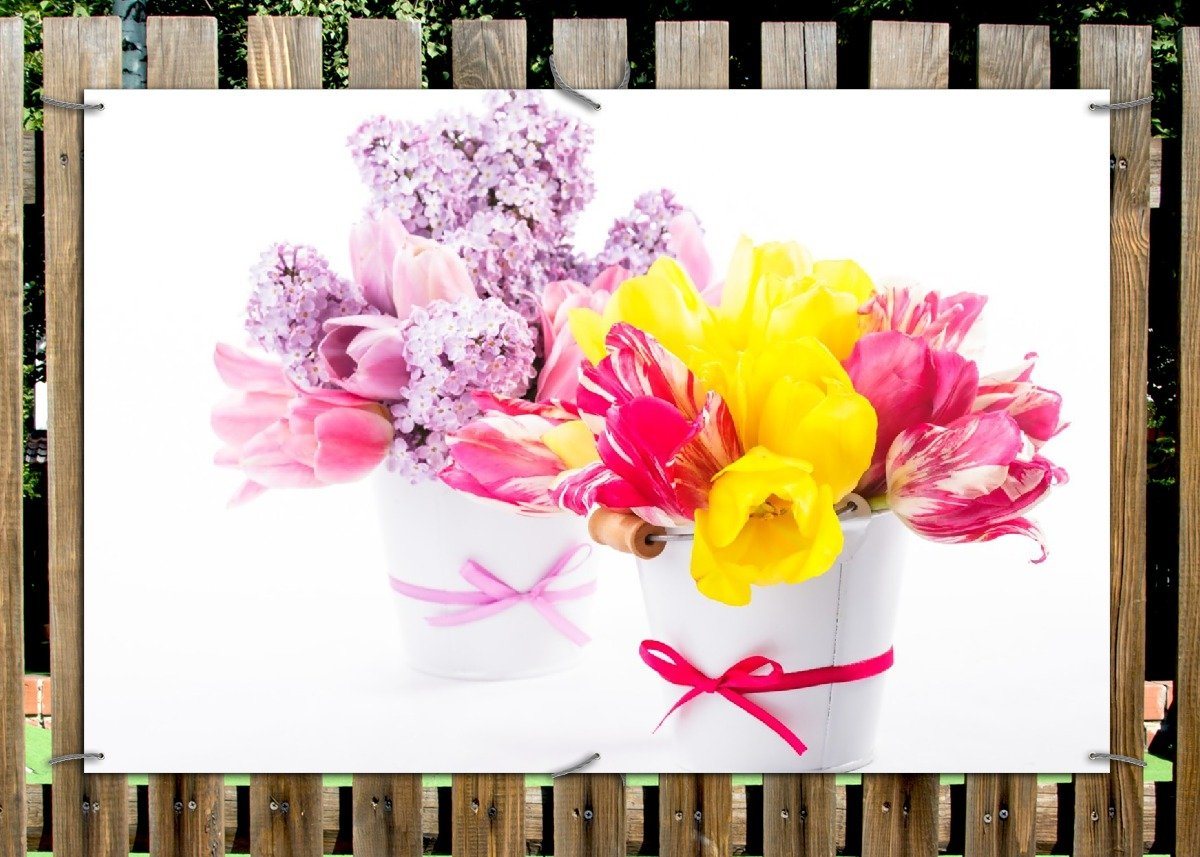 Thumbnail - Wallario Sichtschutzzaunmatten Zwei Blumen-Bouquets aus gelben und roten Tulpen und Flieder