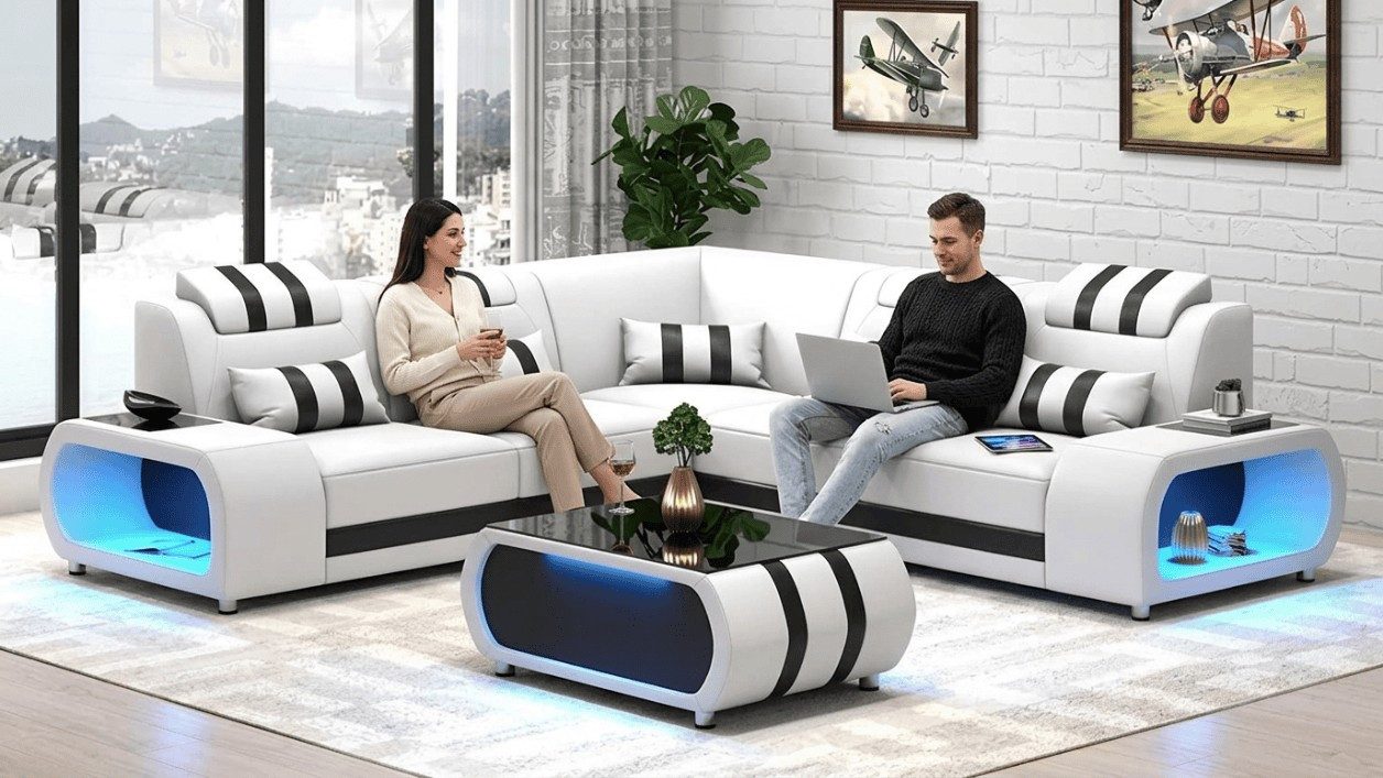 Xlmoebel Wohnlandschaft Weißes L-förmiges Ecksofa mit LED-Beleuchtung und Stauraum, 1 Teile, Made in Europa