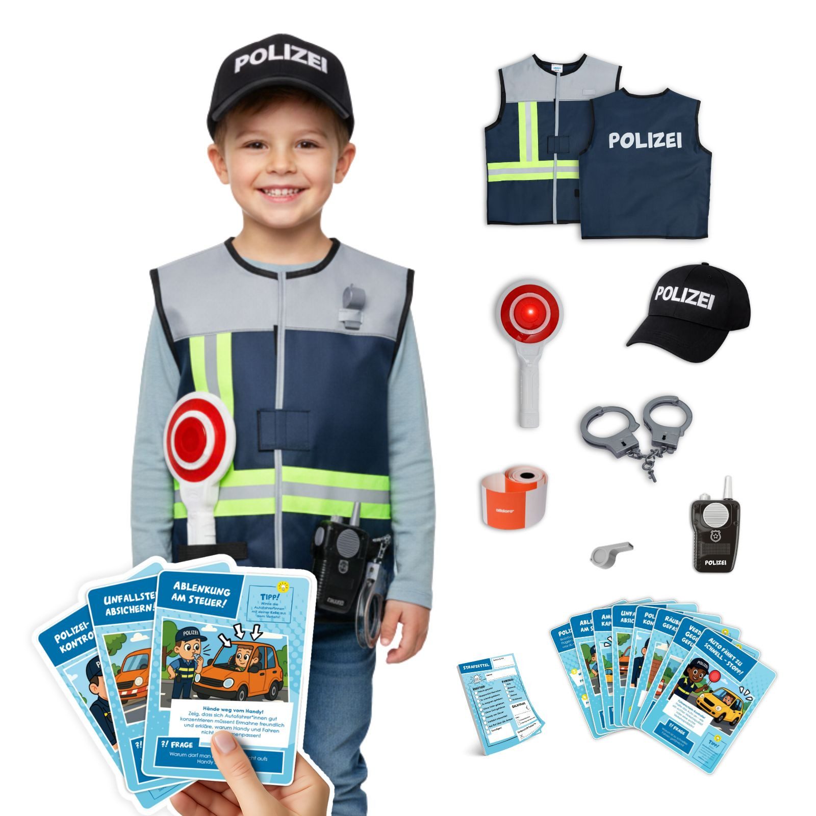 alldoro Spielzeug-Schutzweste Polizei Rollenspiel & Lernset, Polizei-Kostüm für Kinder 3-6 Jahre, 9 Teile, Verkleidung mit Weste, Cap, Zubehör & 8 Lernkarten