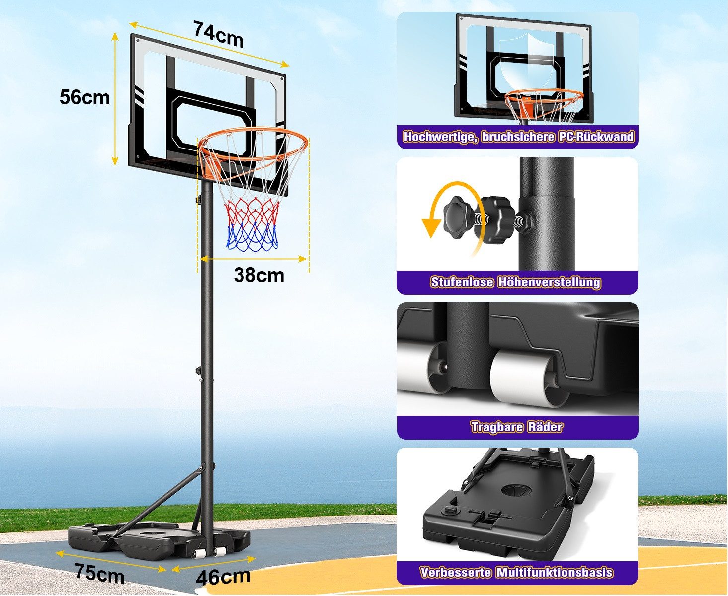 OUNUO Basketballkorb höhenverstellbarer Basketballkorb mit bruchsicherer PC-Rückwand