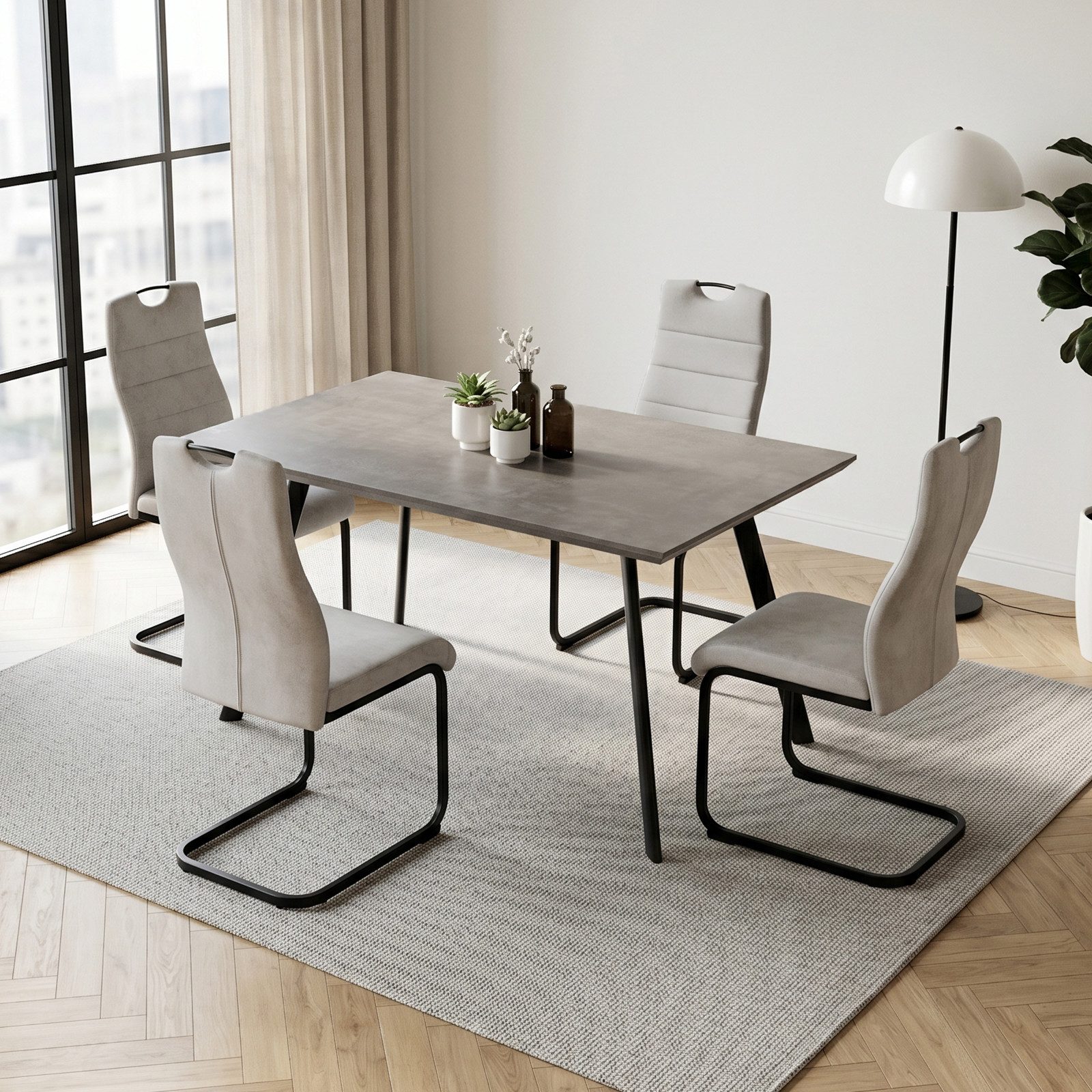 Jiexi Essgruppe Essgruppe 120x73cm MDF-Tisch Grau & Freischwinger Stühle