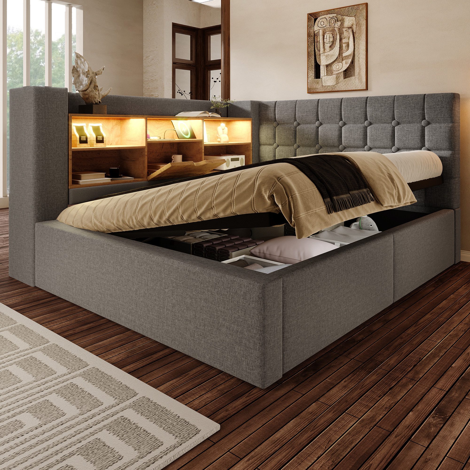 REDOM Polsterbett Polsterbett 140x200 cm mit LED-Beleuchtung und hydraulisc günstig online kaufen