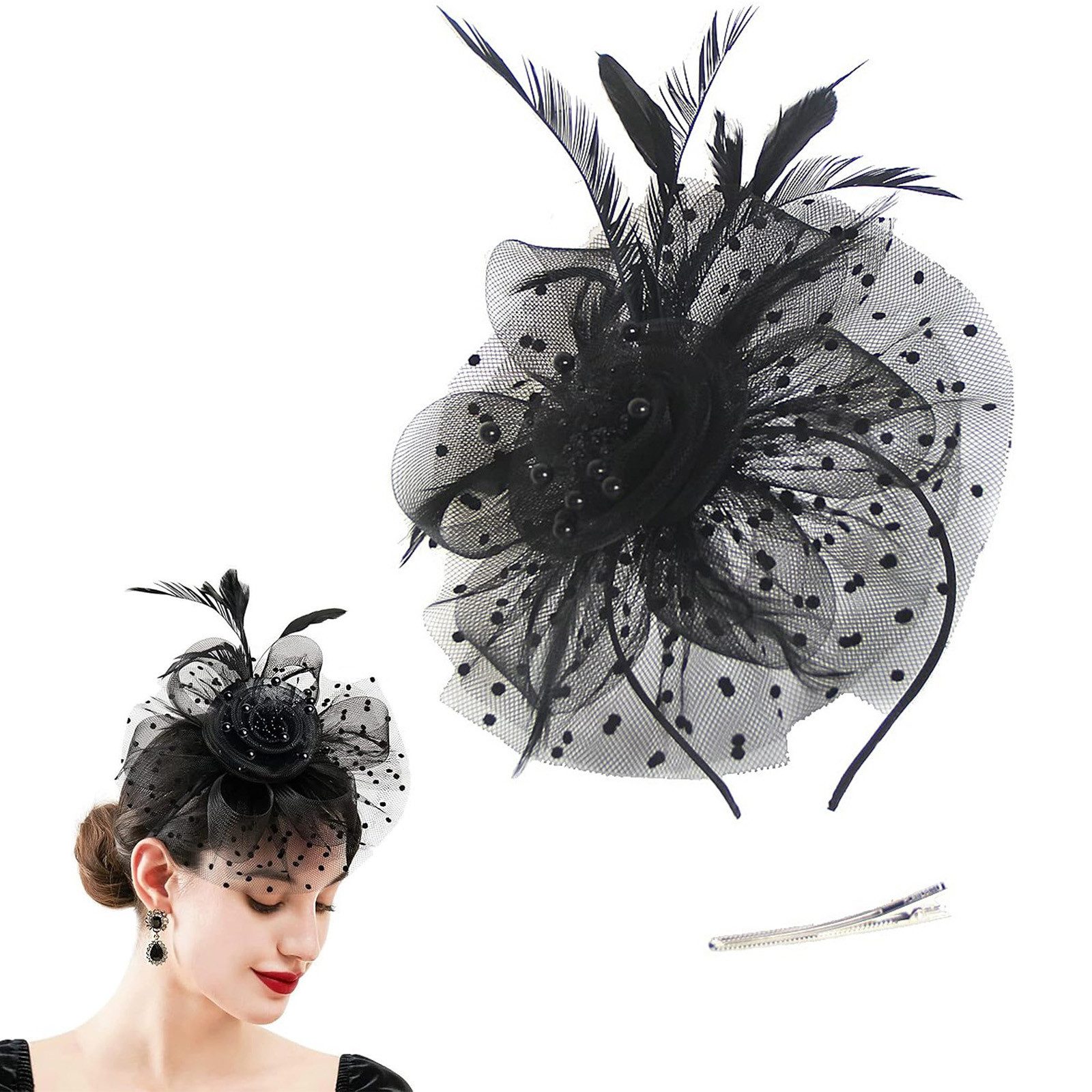 MOPUEA Haarspange Fascinator Haarspange Hut mit Schleier Feder Blume Mesh Stirnband Clip, Damen Fascinator mit Haarreif und Haarclip für festliche Anlässe, Eleganter Kopfschmuck mit Blume, Mesh, Perlen und Federn, Leicht, weich, abnehmbar, flexibel tragbar und bequem zu befestigen