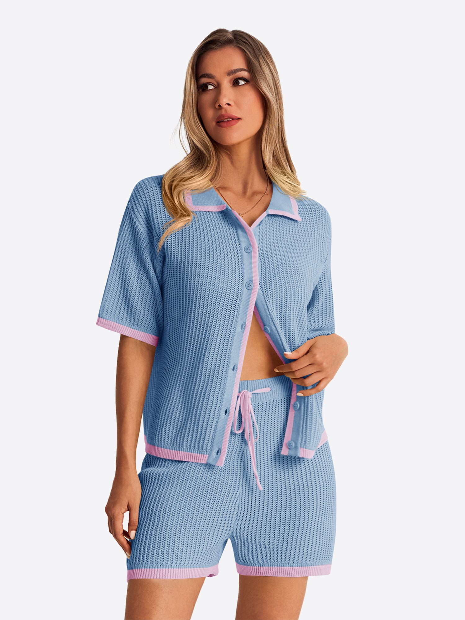 Imily Bela Hausanzug Damen Häkel 2-teiliger Set (Set, 2 tlg., Strickjacke + Shorts) Kontrastfarbige Details
