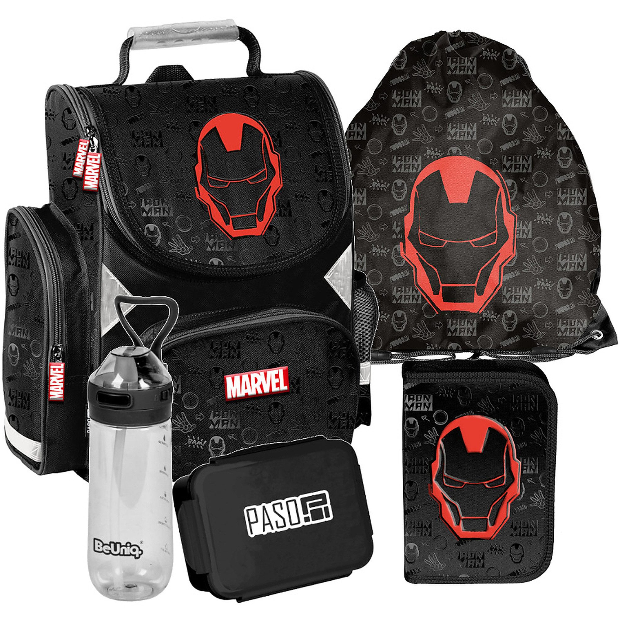 PASO Schulrucksack (Schulset, 5-tlg), Iron Man, 5-tlg. Set, Schwarz