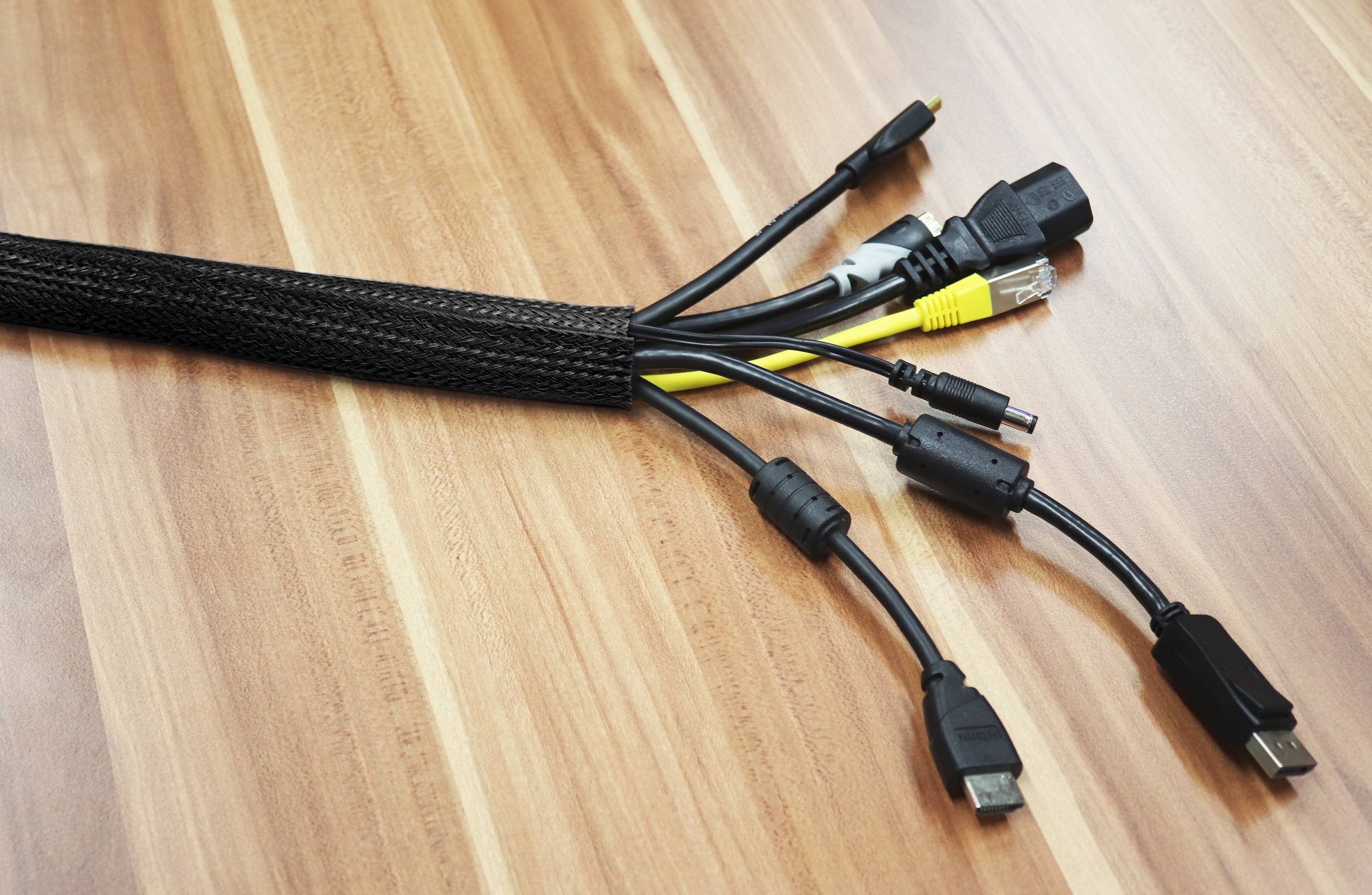 RICOO Geflechtschlauch Kabelschlauch mit Klettverschluss 2 Meter kürzbar Z9085B-2 schwarz (1-St), Kabelschlauch Kabelmanagement Kabelkanal flexibel Klettverschluss 2m