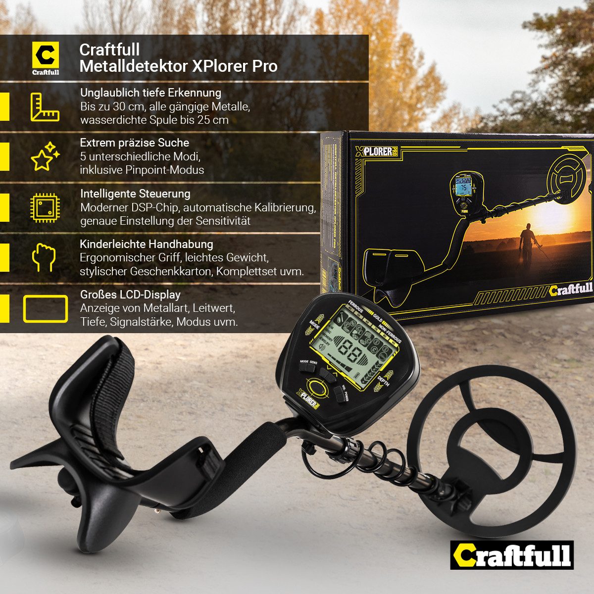 Craftfull Metalldetektor inkl. Transporttasche, Metalldetektor, Kopfhörer & Schaufel, 5 vielseitige Modi