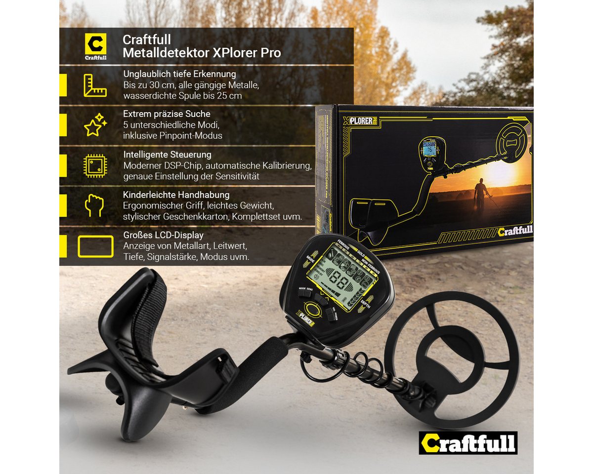 Thumbnail - Craftfull Metalldetektor inkl. Transporttasche, Metalldetektor, Kopfhörer & Schaufel, 5 vielseitige Modi