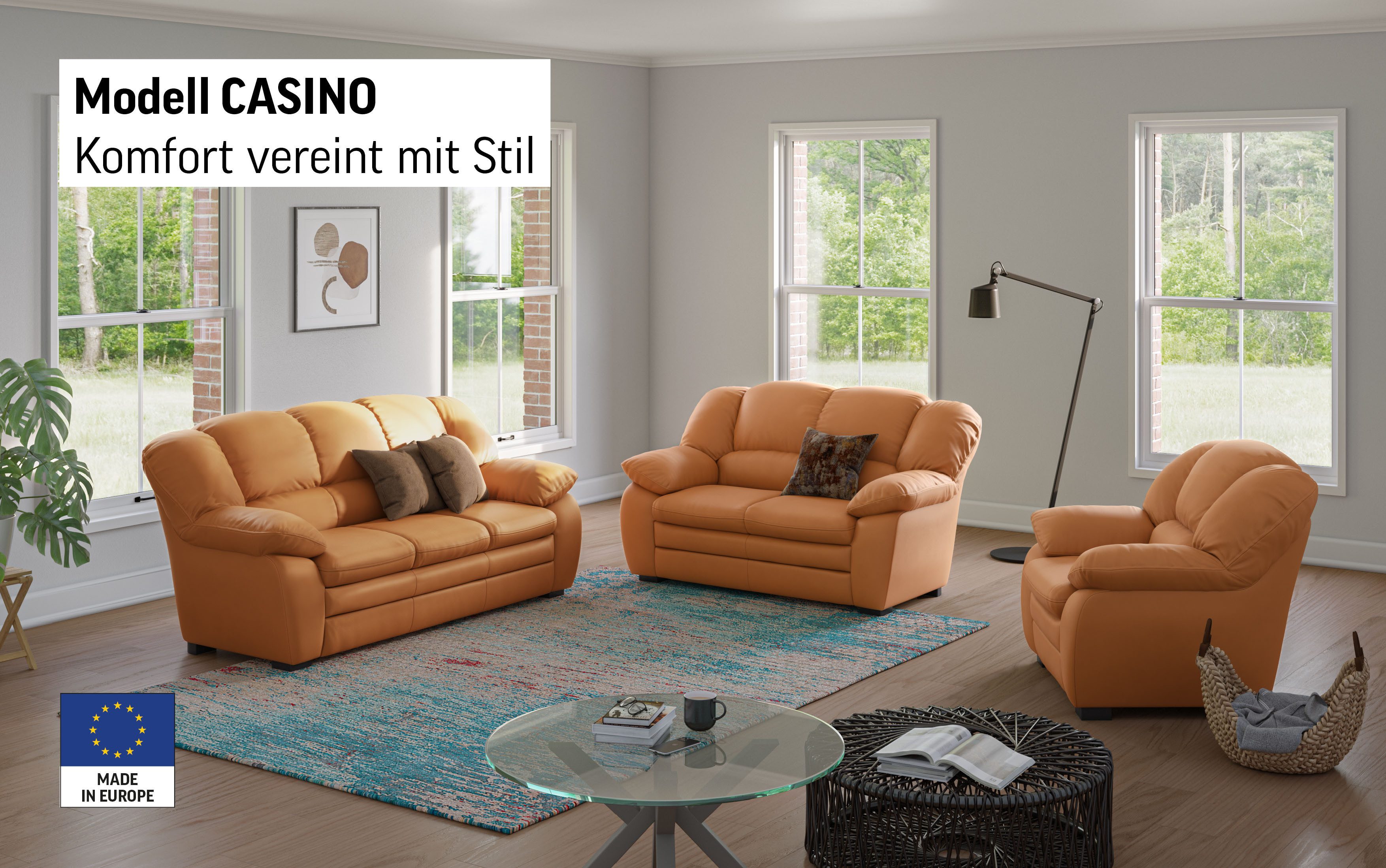 COTTA Polstergarnitur Casino, Sofa Set, 3-2-1 Sitzer, Wohnzimmer Garnitur, (Set, 3-tlg), Sessel, 2-Sitzer, 2,5-Sitzer, hohe Rückenlehne