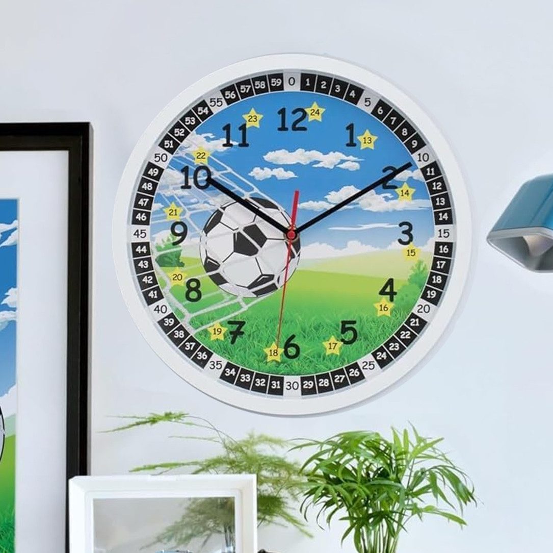K&L Wall Art Wanduhr Fußball Lernuhr Junge Kinderzimmer Wanduhr (leise Kinderuhr mit Quarz Uhrwerk ohne Ticken)