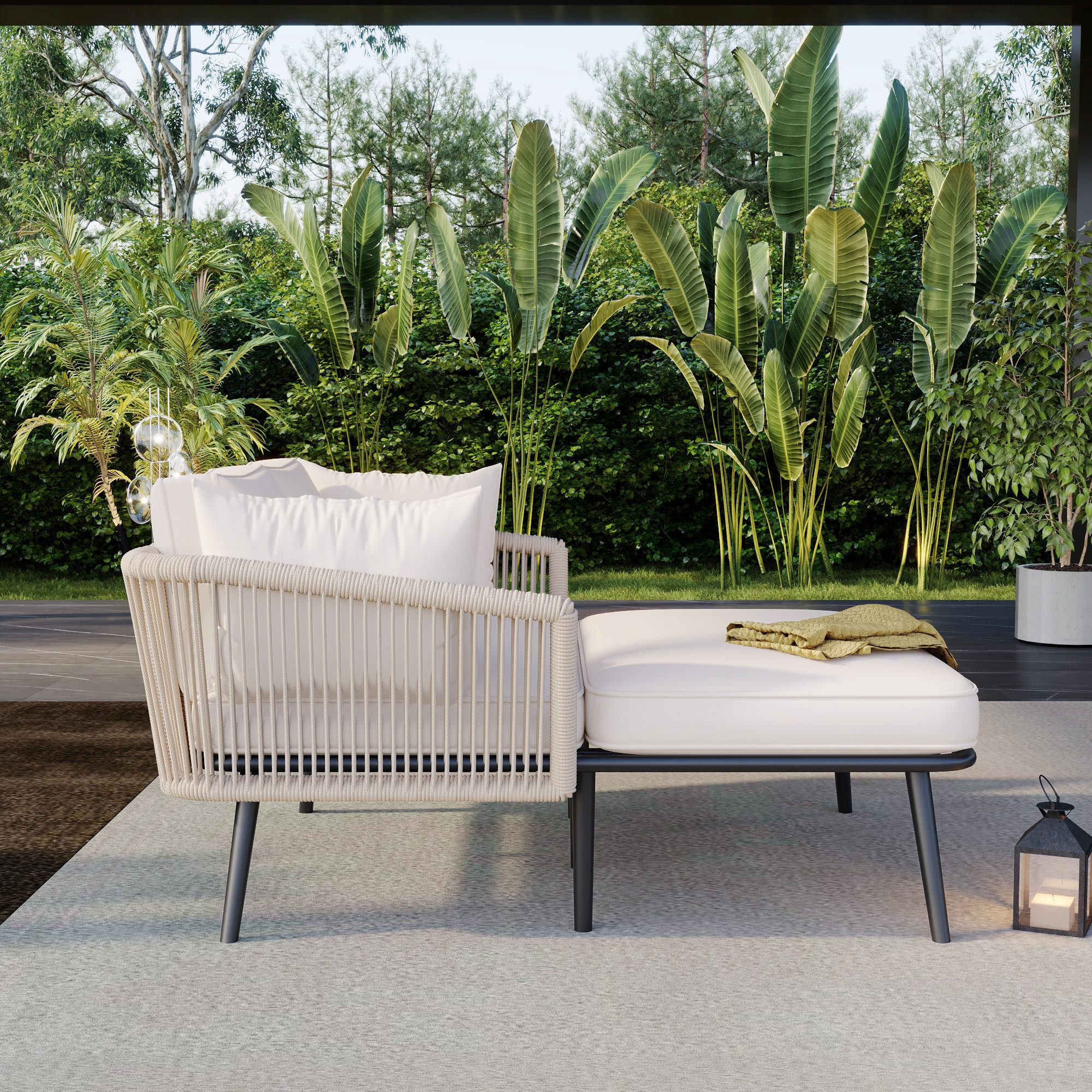 MC Star Gartenlounge-Set Gartensofa mit 2 Kissen und 2 Polster,Sonnenliege im Außenbereich, (Gartenlounge, Balkonmöbel-Set, Loungemöbel, Terrassenmöbel,Kissen sind abnehmbar und waschbar, Beige)
