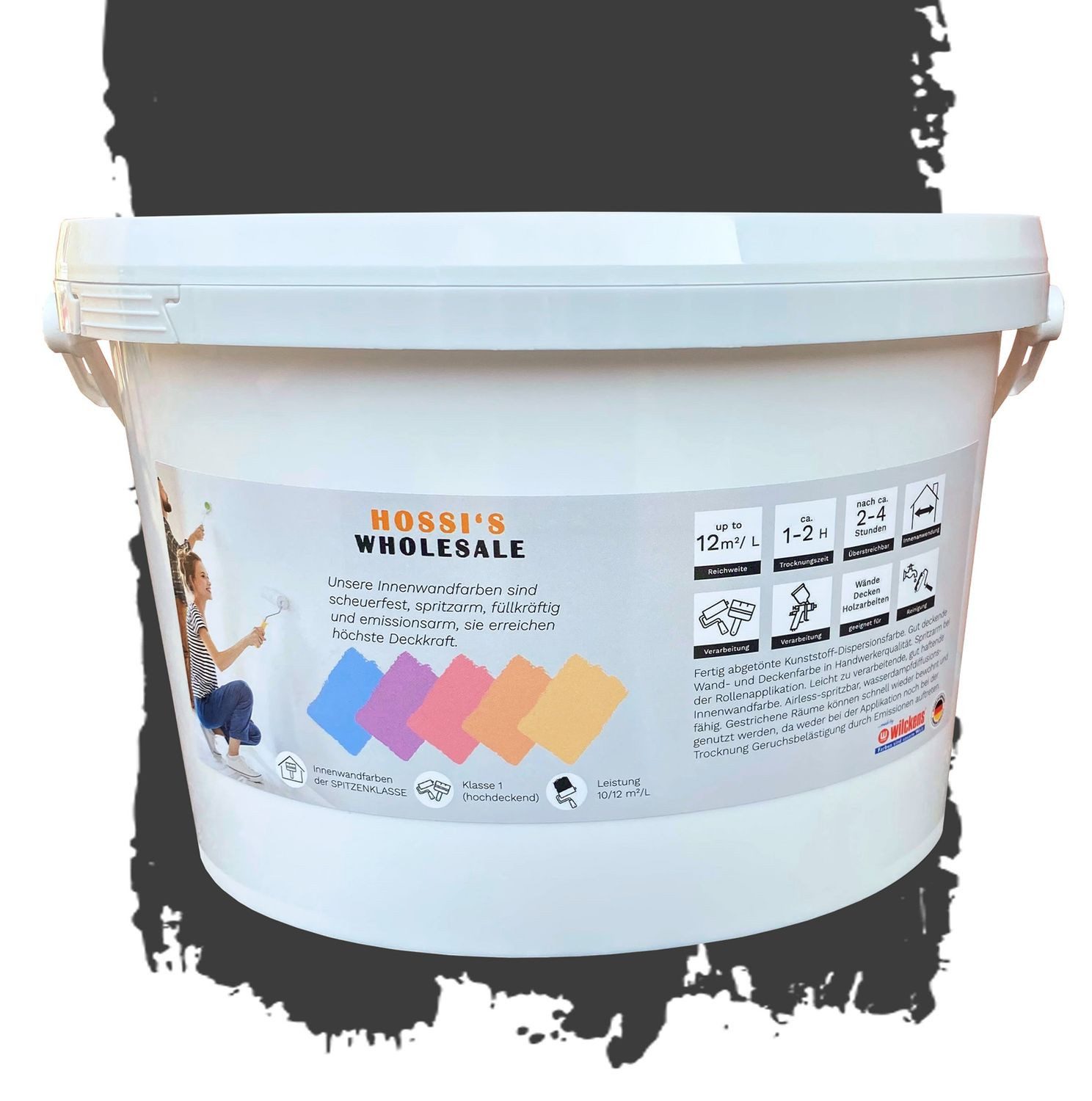 Hossi's Wholesale Vollton- und Abtönfarbe Colourcourage Wandfarbe 2,5L Schwarz Black Beauty Innen Anstrich Decke