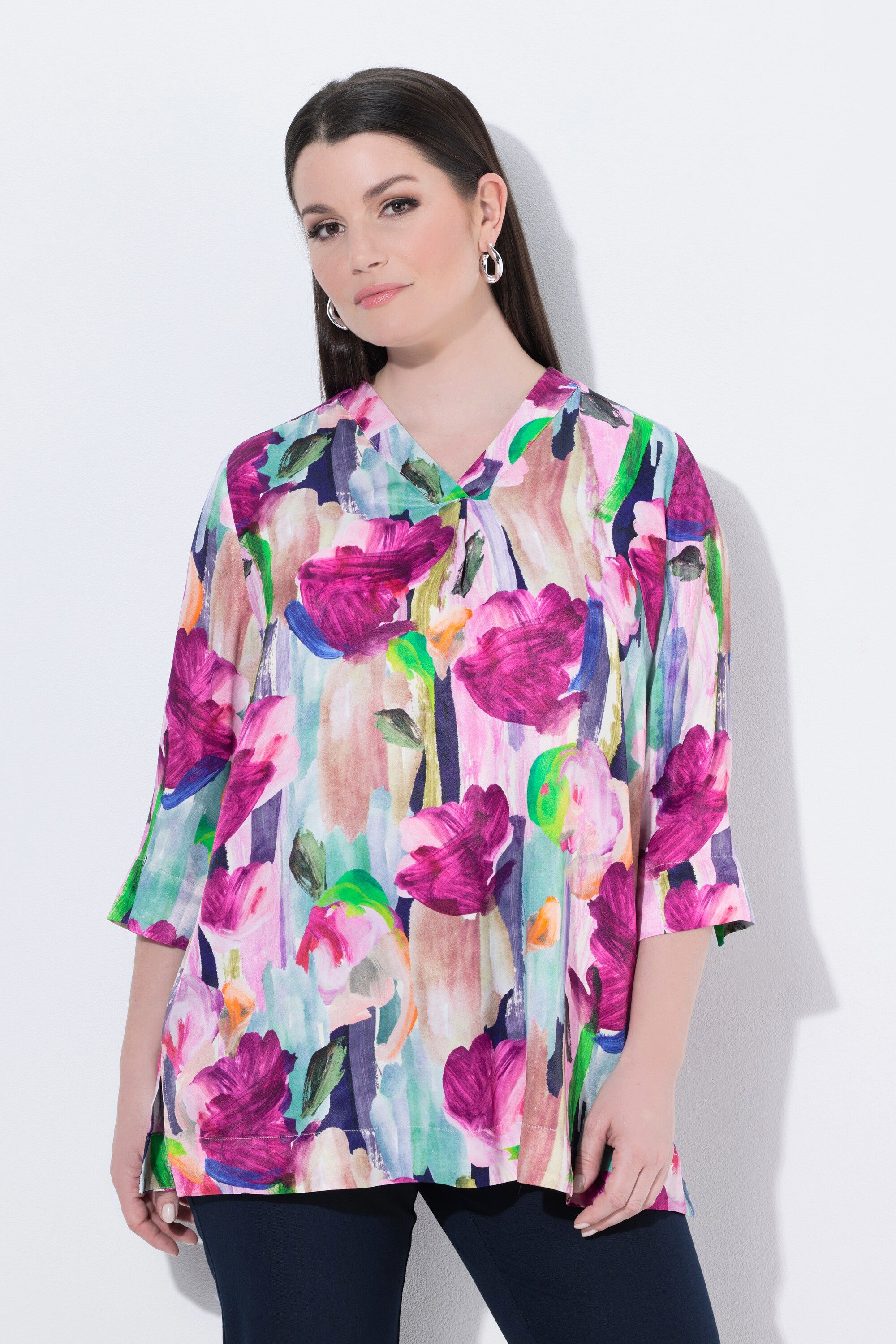 Druckbluse Satinbluse bedruckt A-Linie V-Ausschnitt 3/4-Arm