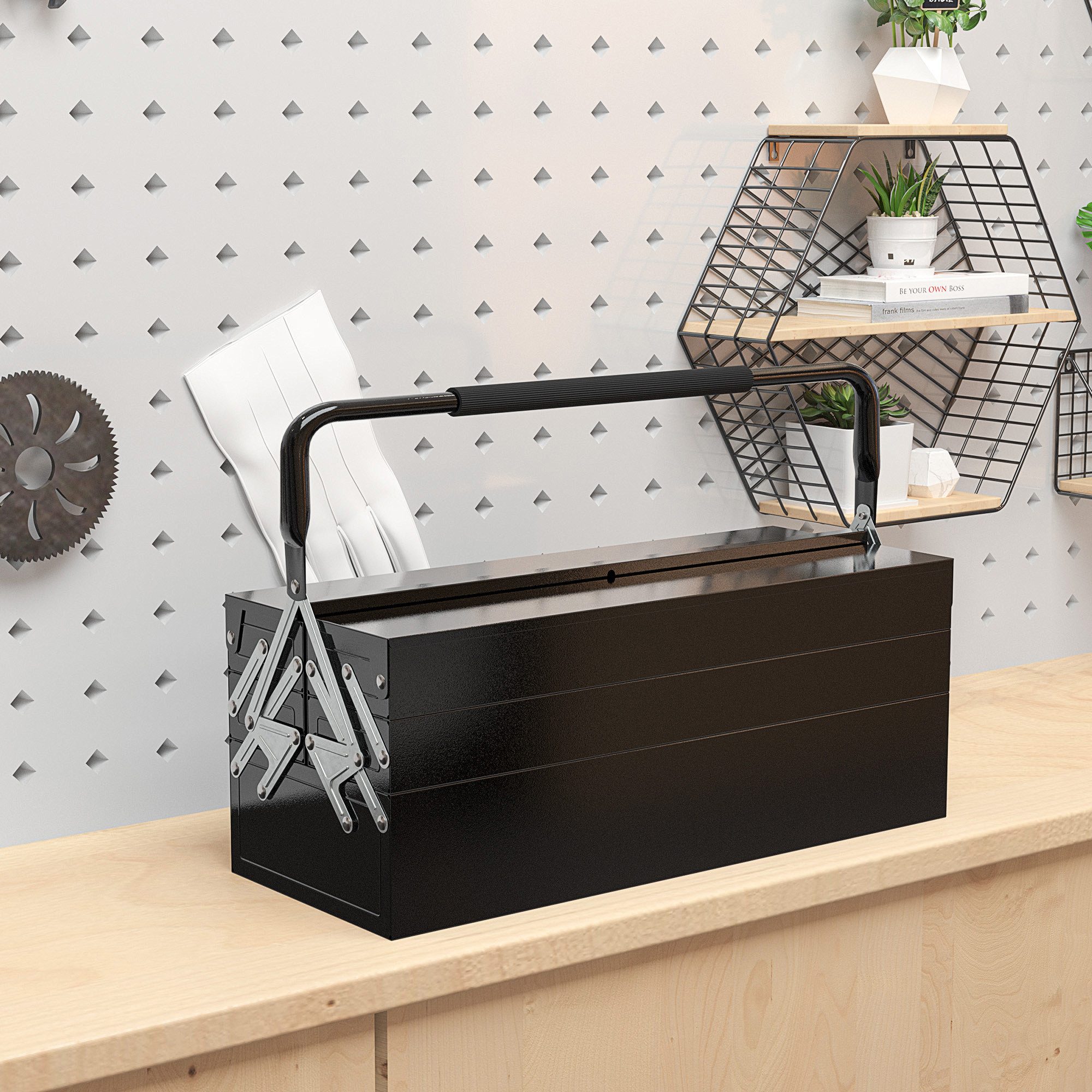 Durhand Werkzeugbox Werkzeugkasten Werkzeugkoffer (Werkzeugkiste, 1 St., 5 Fächer aufklappbar), Stahl, Schwarz