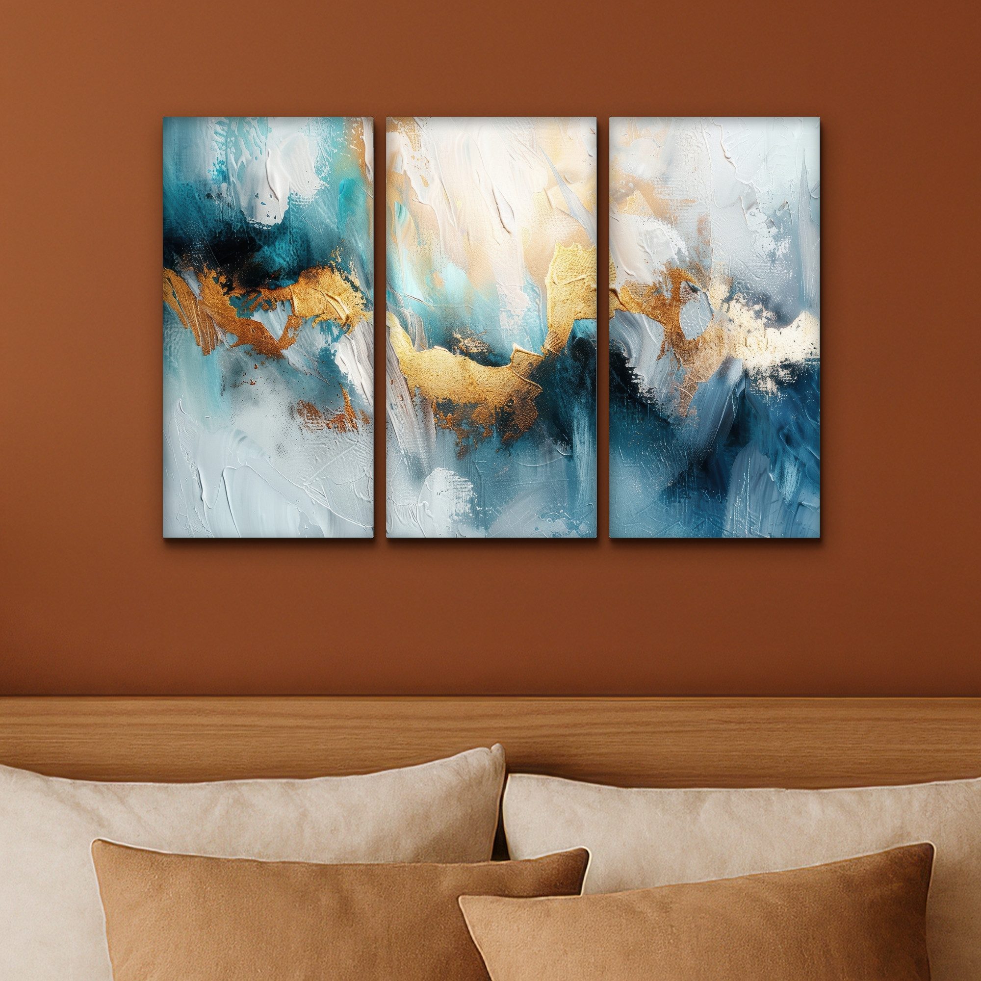 MuchoWow Leinwandbild Blau - Abstrakt - Weiß - Gold - Farbe, Fotodruck (3 St), Wand Bilder 3 Set, Deko Schlafzimmer Wohnzimmer Flur 60x40 cm – Bild 4 von 5