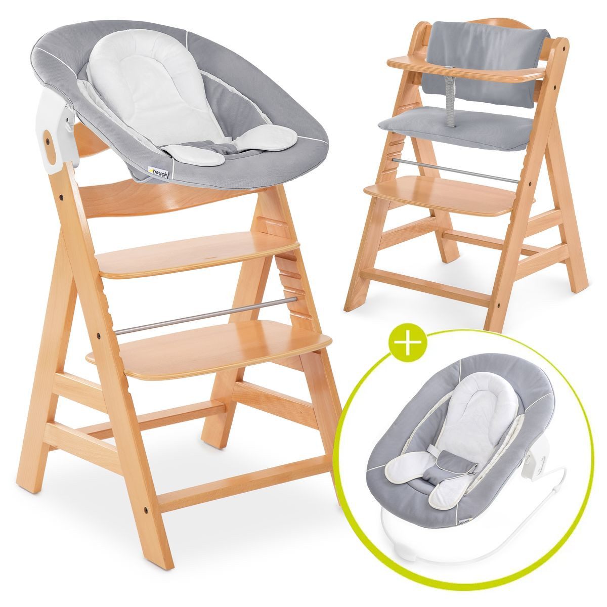 Hauck Hochstuhl Alpha Plus Newborn Set - Natur, Holz Babyhochstuhl ab Geburt inkl. Neugeborenenaufsatz & Sitzauflage