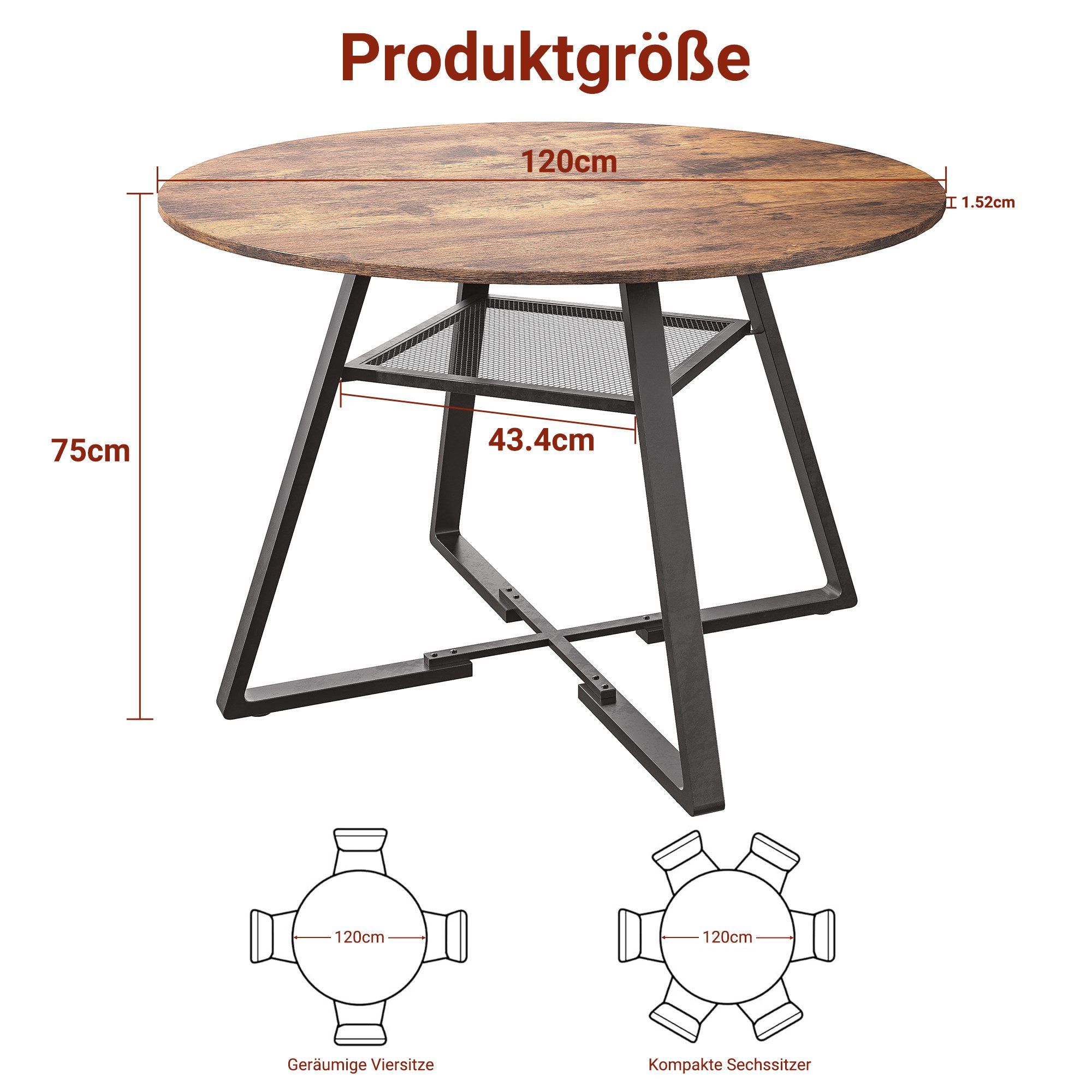 BELUPAI Esstisch Runder Esszimmertisch mit Stauraum (Set, 1-St., Metallgestell,4-6 Personen Ø120 cm Küchentisch für Wohnzimmer), Bruan