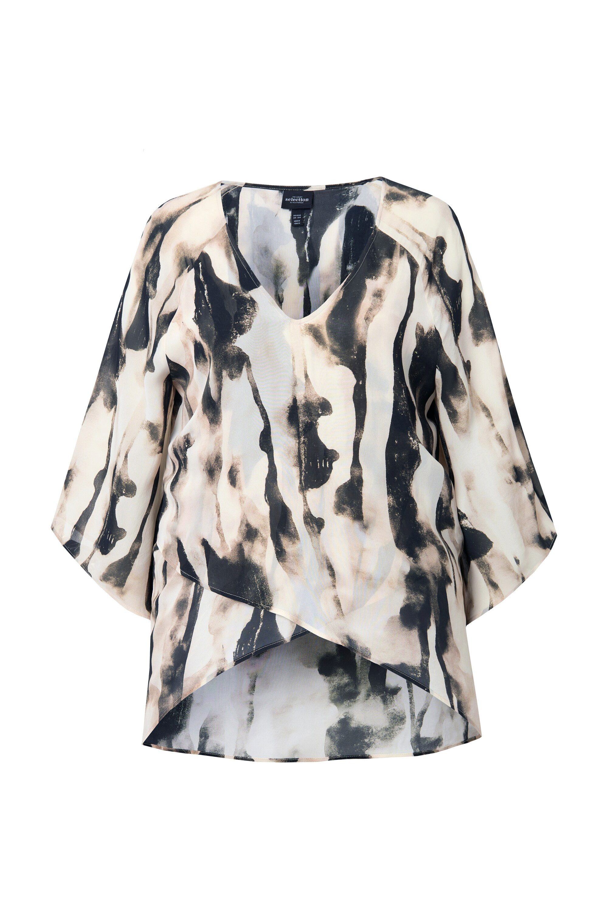 Ulla Popken Longbluse Chiffon-Bluse V-Ausschnitt 3/4-Glockenärmel