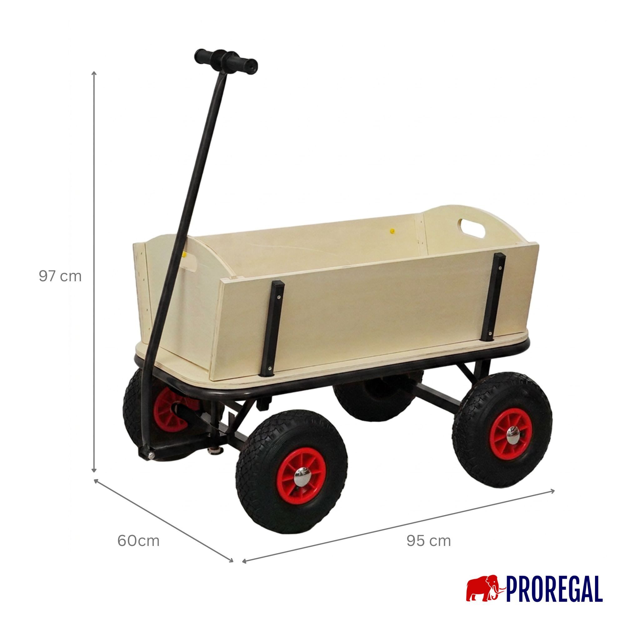 PROREGAL® Bollerwagen Handwagen Transportwagen BOLLY Pro HxBxT 97x60x94cm Traglast 150kg Rot, Robuster Handwagen mit abnehmbaren Seitenwänden 10-Zoll-Luftreifen – Bild 2 von 5