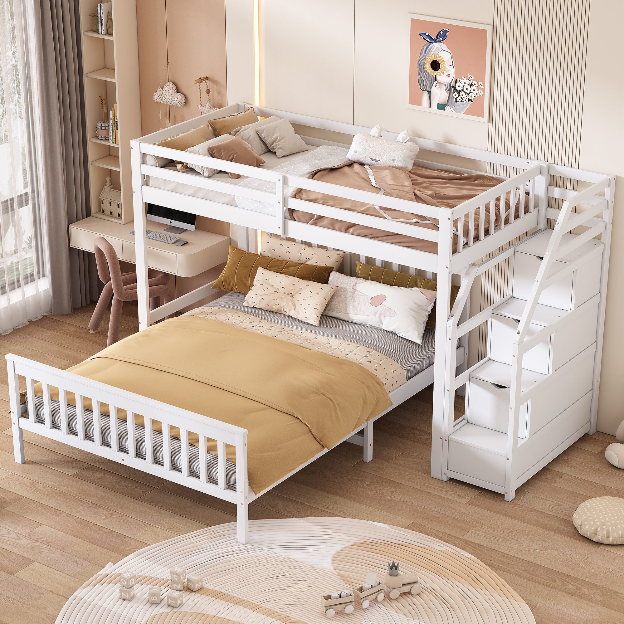 REDOM Kinderbett Einzelbett Hochbett (Aufbewahrungsleiter, EN747 zertifiziert 90*200cm/140*200cm), ohne Matratze