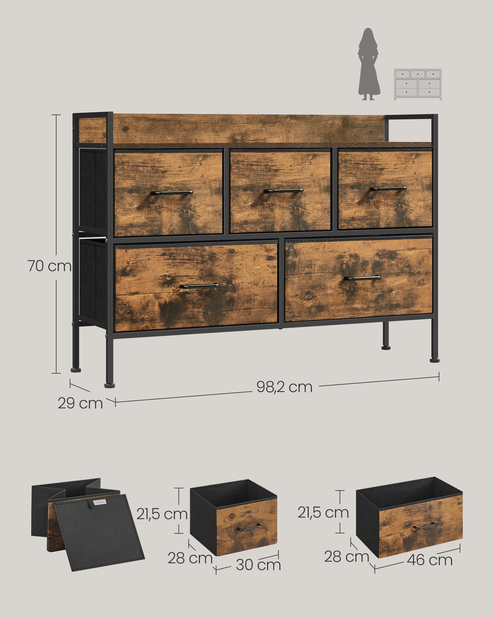 SONGMICS Kommode Schrank Schlafzimmer, Stahlrahmen, Sideboard, Aufbewahrungsschrank 5 Stoffschubladen mit Griffen – Bild 5 von 5