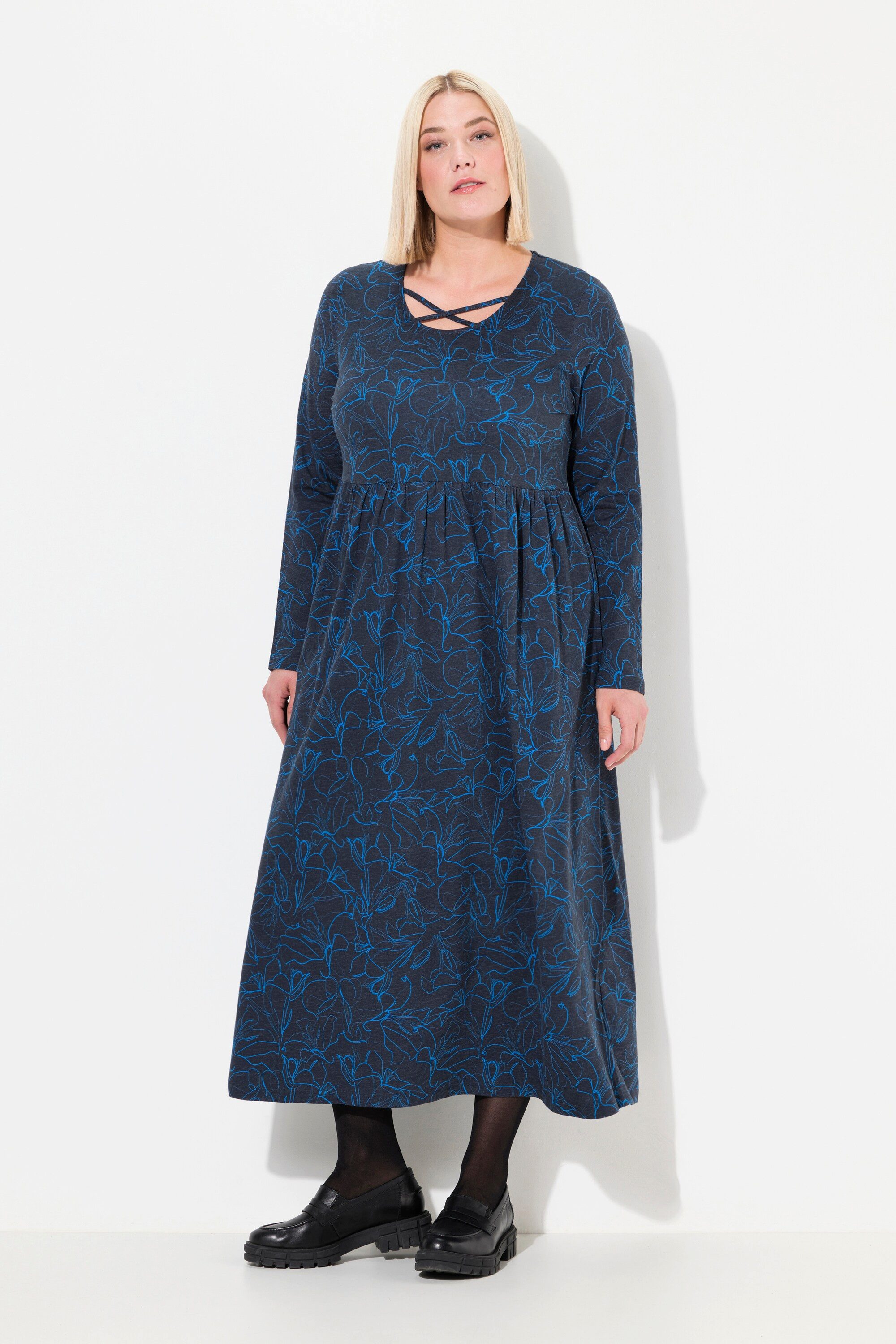 Ulla Popken Maxikleid Jersey-Midikleid A-Linie Zierbänder Rundhals günstig online kaufen