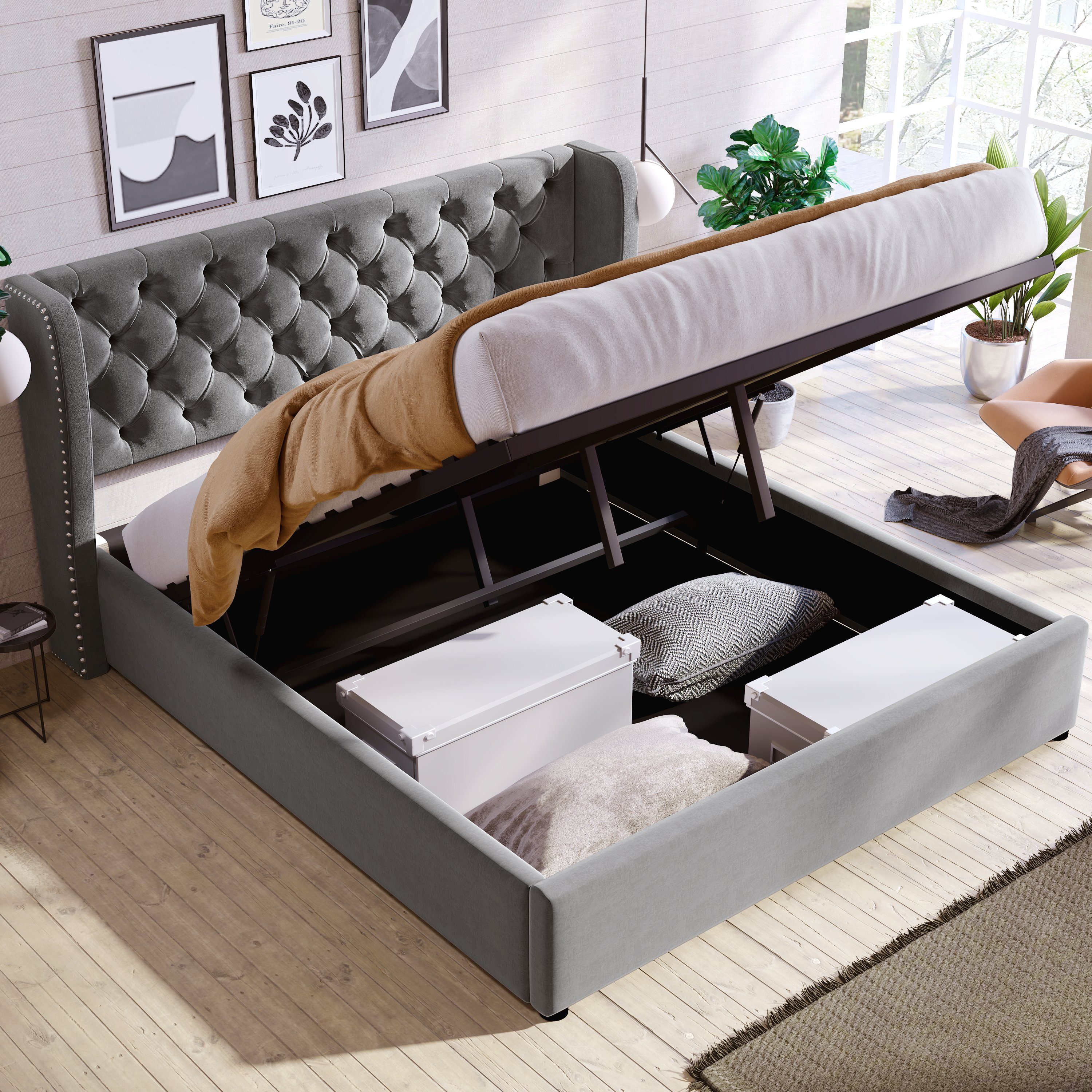 Flieks Polsterbett (mit Lattenrost und Stauraum), Staumraumbett Doppelbett Kiefernholz Flanell 140*200cm Grau