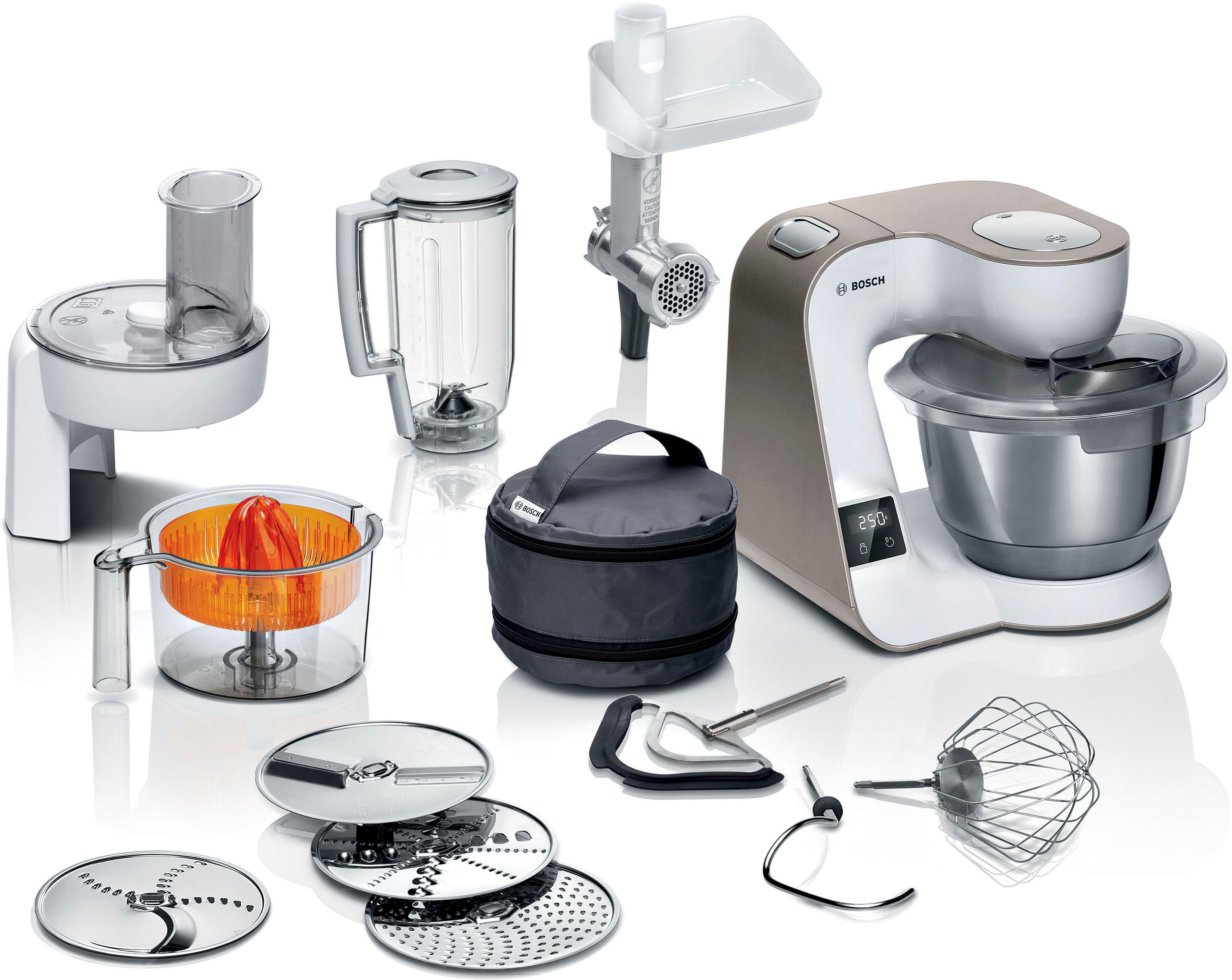 BOSCH Küchenmaschine Serie 4 MUM5XW40, integr. Waage, Durchlaufschnitzler, weiß/champagner, 1000 W, 3,9 l Schüssel, 4 Scheiben, Mixer, Fleischwolf, Zitruspresse, Profi Patisserie-Set