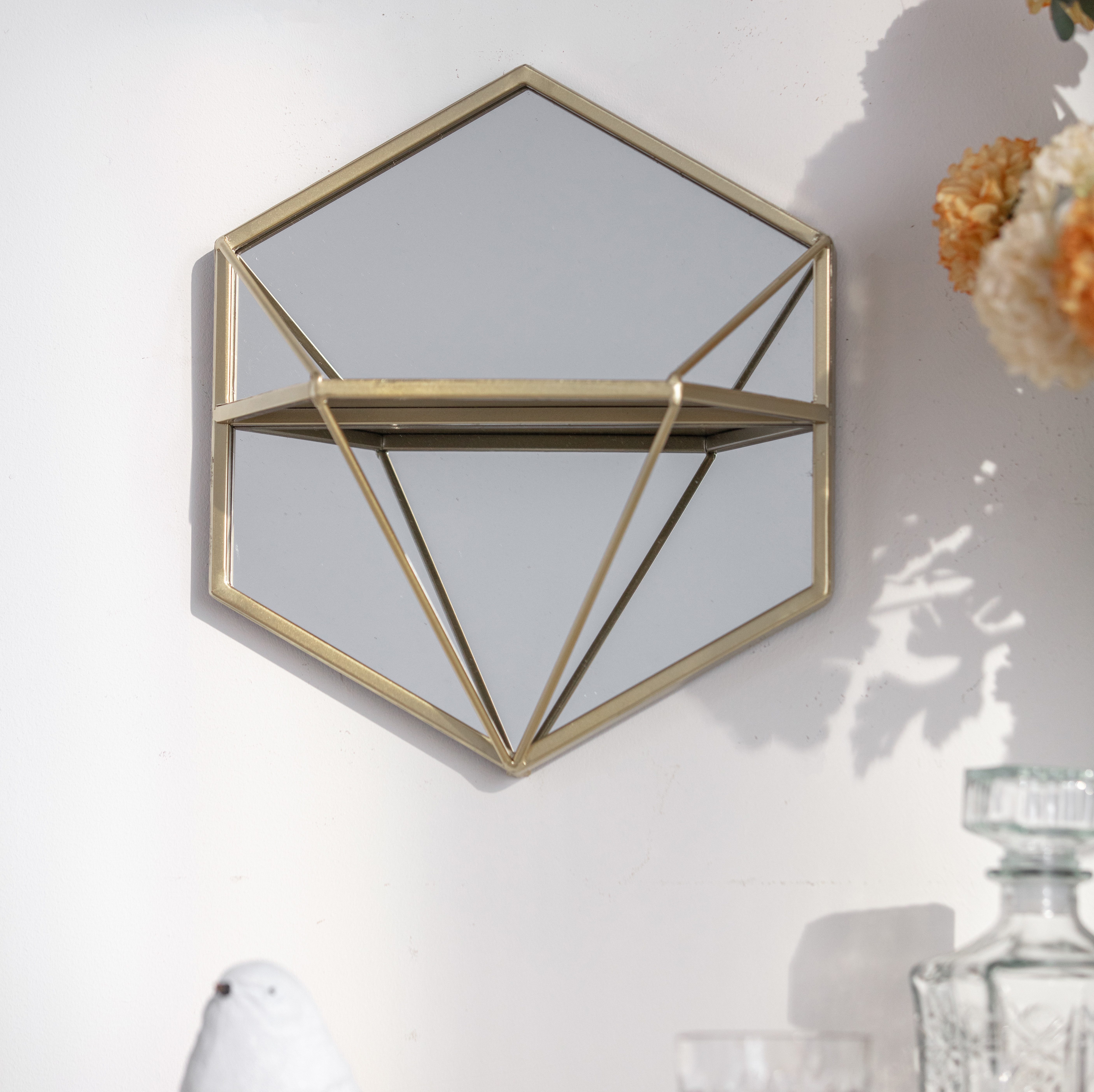 K&L Wall Art Wandspiegel Metall Wandregal Metallspiegel Shabby Chic Hängeregal Goldoptik, geometrischer Spiegel