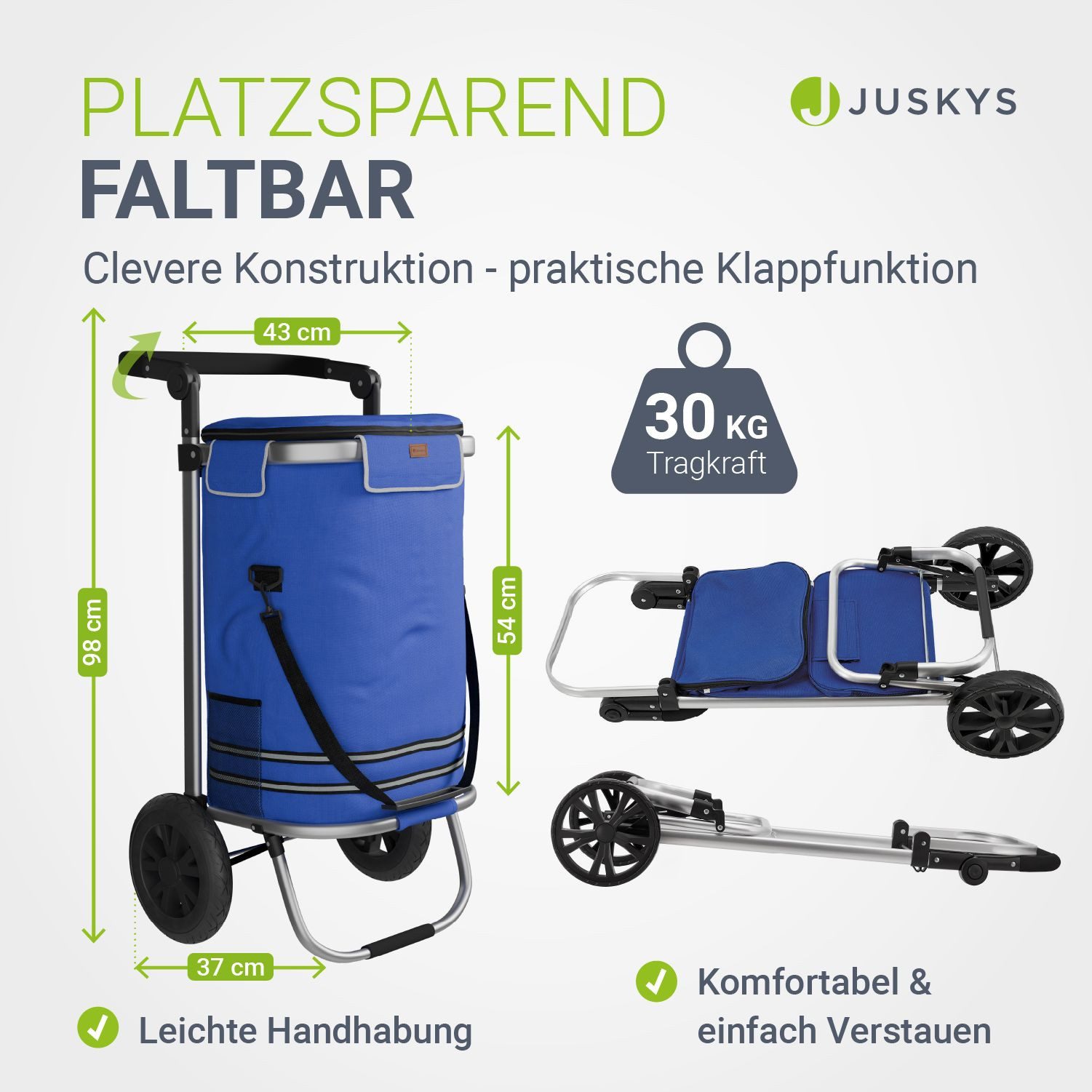 Juskys Einkaufstrolley 3in1, 56 l, mit 2 Rollen und Kühlfach, klappbar und modern, auch als Sackkarre