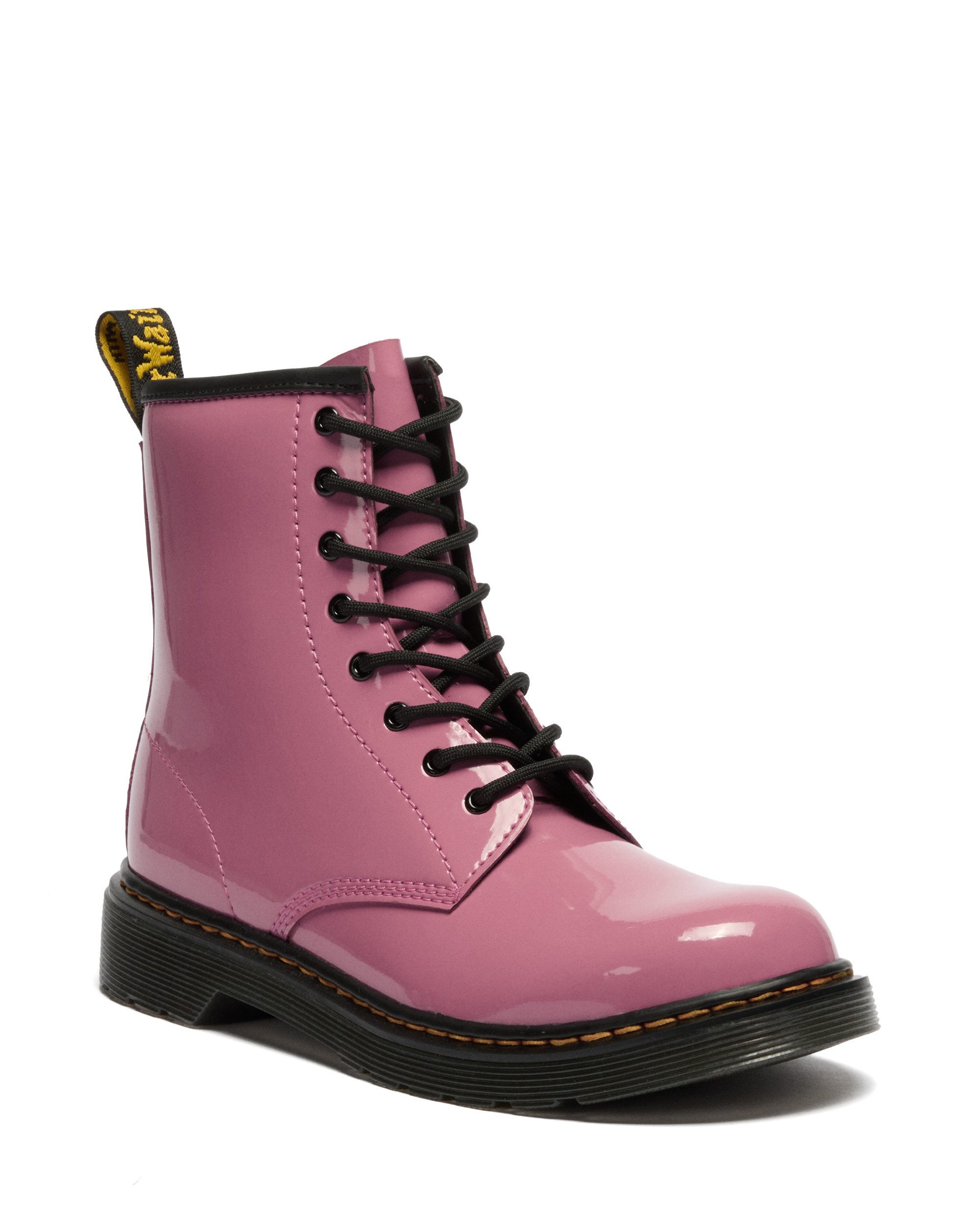 DR. MARTENS 1460 Y Black Patent Lamper Schnürboots Kinder Stiefel, Boots mit logobedruckter Anziehlasche